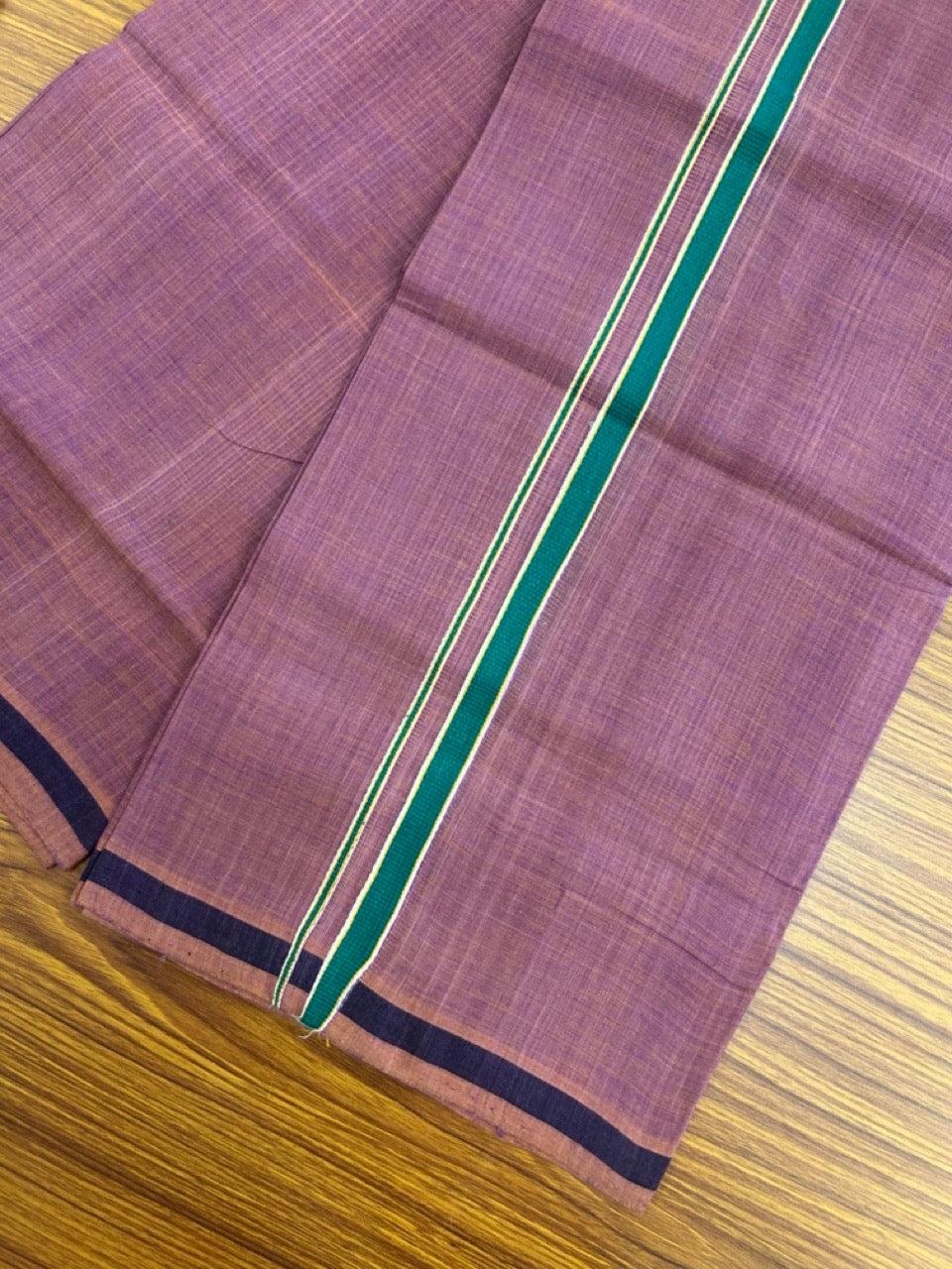 Handloom Single Hallmarked - 10% Discount !! KaithariKada 100% Pure Cotton - Mundu/Dhoti - Onion Pink Body - 0.5 inch Dark Green & Orange Stripes Kara- (2 meter / 4 muzham) - 53 KK8032 ELA