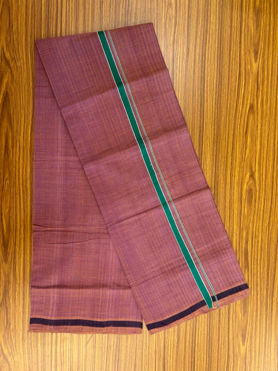 Handloom Single Hallmarked - 10% Discount !! KaithariKada 100% Pure Cotton - Mundu/Dhoti - Onion Pink Body - 0.5 inch Dark Green Stripes Kara- (2 meter / 4 muzham) - 54 KK8032 ELA