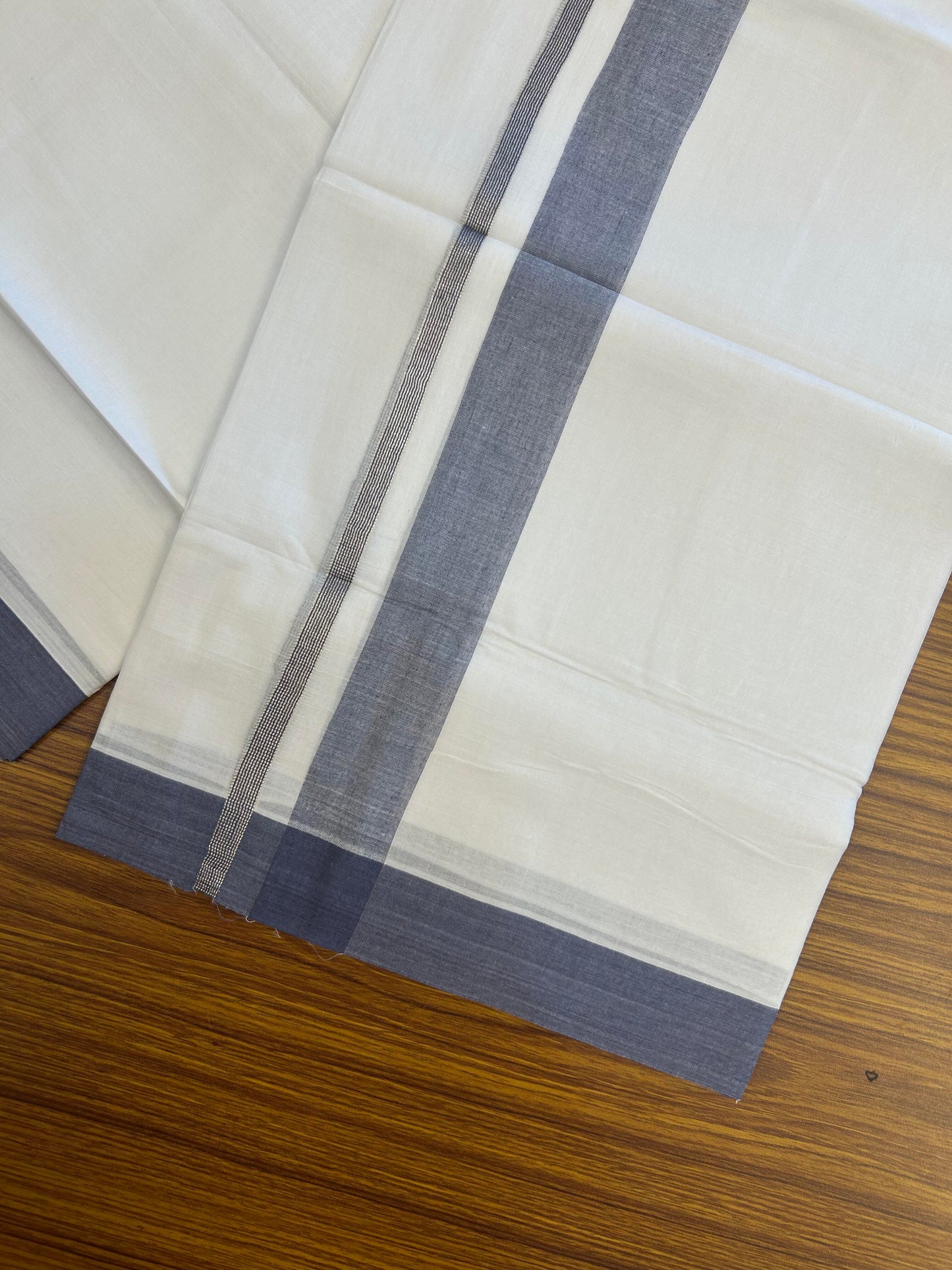20% Discount ! KaithariKada Balaramapuram 100% Cotton Pure white Double Mundu/Dhoti - 100x80 - 1.5 inch Silver Kasav & Ash Blue Shaded Kara 4 M (8.5 muzham) - 65 KK5363 VIN