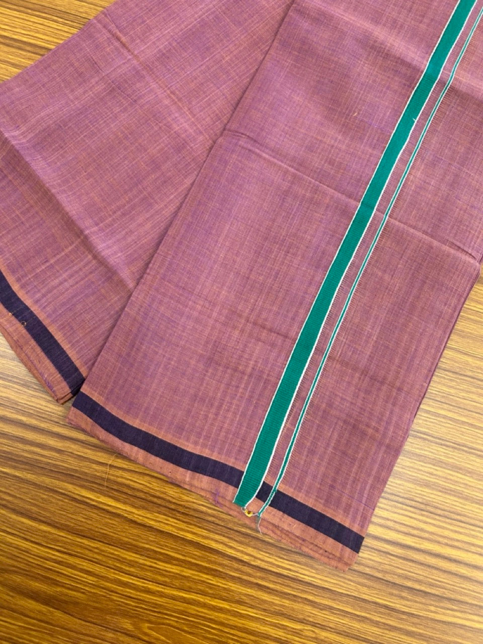 Handloom Single Hallmarked - 10% Discount !! KaithariKada 100% Pure Cotton - Mundu/Dhoti - Onion Pink Body - 0.5 inch Dark Green Stripes Kara- (2 meter / 4 muzham) - 54 KK8032 ELA