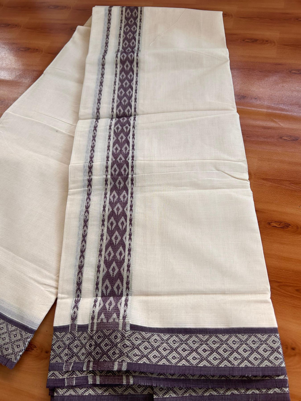 Double Off White (Unbleached) Mund/Dhoti - 20% Discount! KaithariKada 100% Cotton - 100x80- 1.75 inch Purple Brown Silver Kasav Jacquard Design Kara 4 mtr (8.5 Muzham) - 38 KK5520 PMC