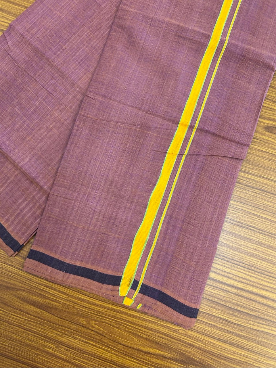 Handloom Single Hallmarked - 10% Discount !! KaithariKada 100% Pure Cotton - Mundu/Dhoti - Onion Pink Body - 0.5 inch Orange & Light Green Stripes Kara- (2 meter / 4 muzham) - 55 KK8032 ELA