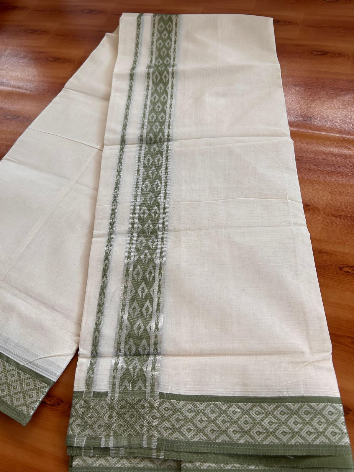 Double Off White (Unbleached) Mund/Dhoti - 20% Discount! KaithariKada 100% Cotton - 100x80- 1.75 inch Light Olive Green Silver Kasav Jacquard Design Kara 4 mtr (8.5 Muzham) - 39 KK5520 PMC