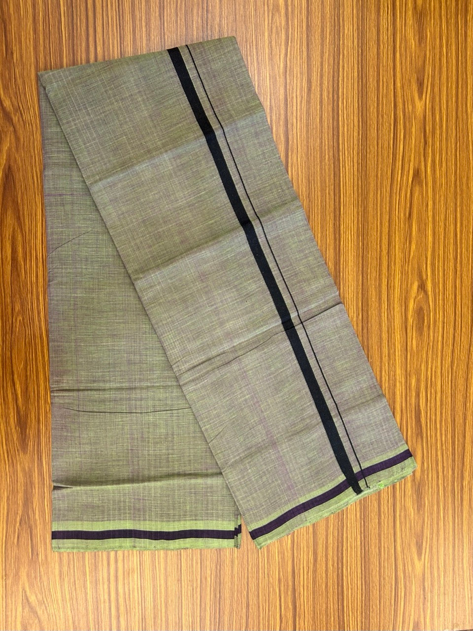 Handloom Single Hallmarked - 10% Discount !! KaithariKada 100% Pure Cotton - Mundu/Dhoti Purple & Parrot Green Body - 0.5 inch Black Kara- (2 meter / 4 muzham) - 44 KK8032 ELA