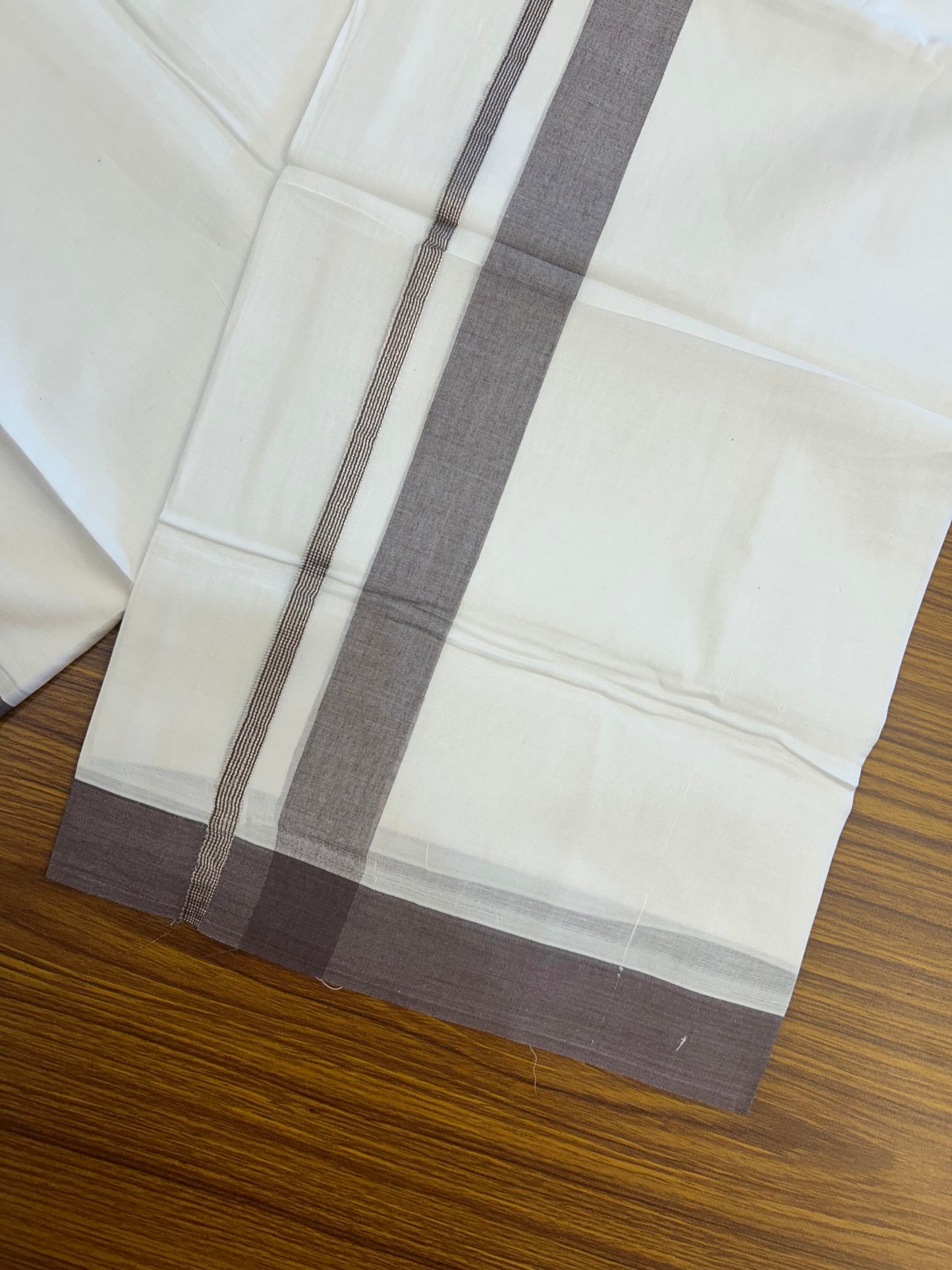 20% Discount ! KaithariKada Balaramapuram 100% Cotton Pure white Double Mundu/Dhoti - 100x80 - 1.5 inch Silver Kasav & Purple Ash Shaded Kara 4 M (8.5 muzham) - 68 KK5363 VIN