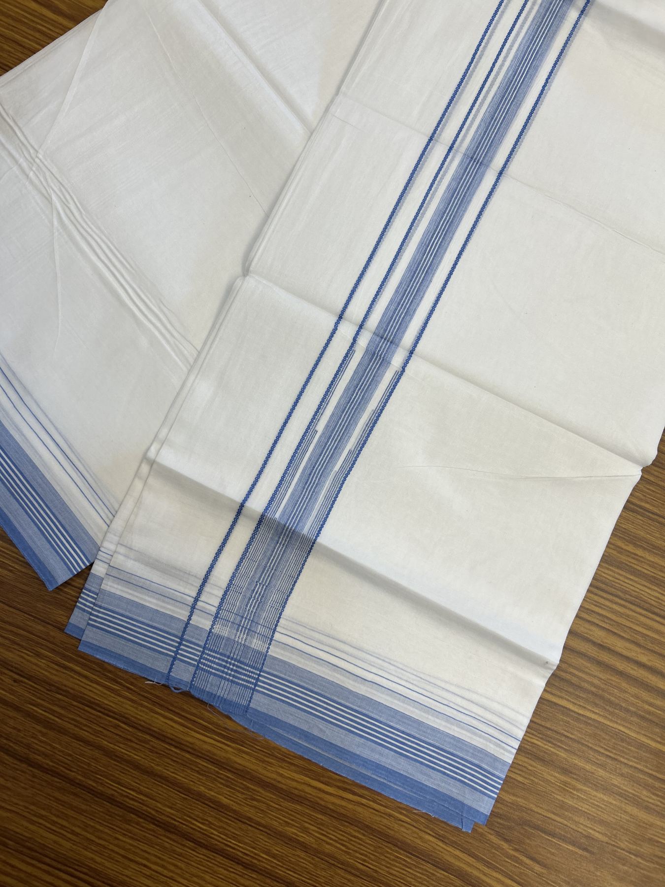 20% Discount! KaithariKada Balaramapuram 100% Cotton Double Pure white Mundu/Dhoti - 100X80 - 1.25 inch Blue Stripes Chutty kara - 4 mtr ( 8.5 muzham) - 102 KK5341 VIN