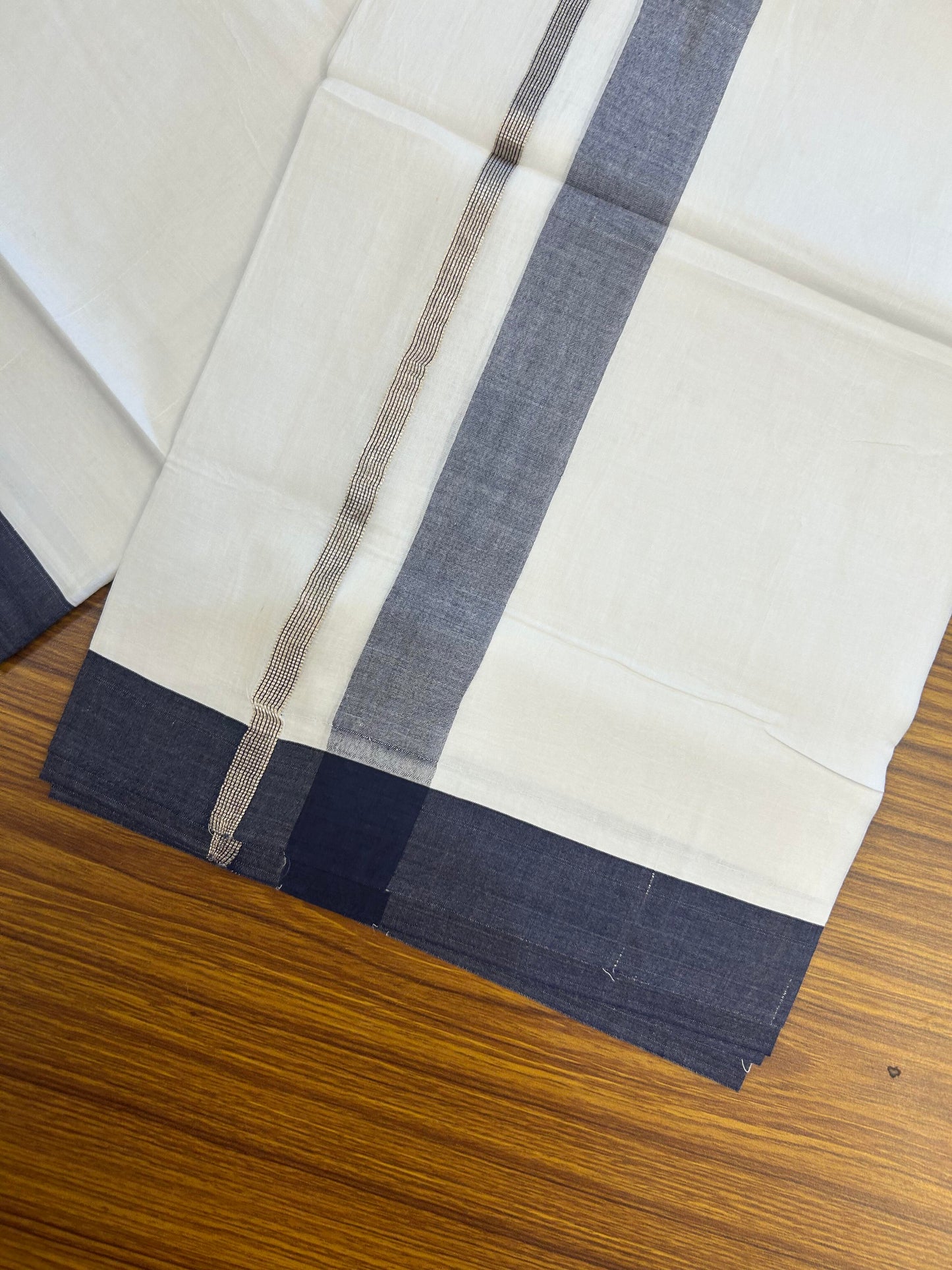 20% Discount ! KaithariKada Balaramapuram 100% Cotton Pure white Double Mundu/Dhoti - 100x80 - 1.5 inch Silver Kasav & Dark Blue Shaded Kara 4 M (8.5 muzham) - 67 KK5363 VIN