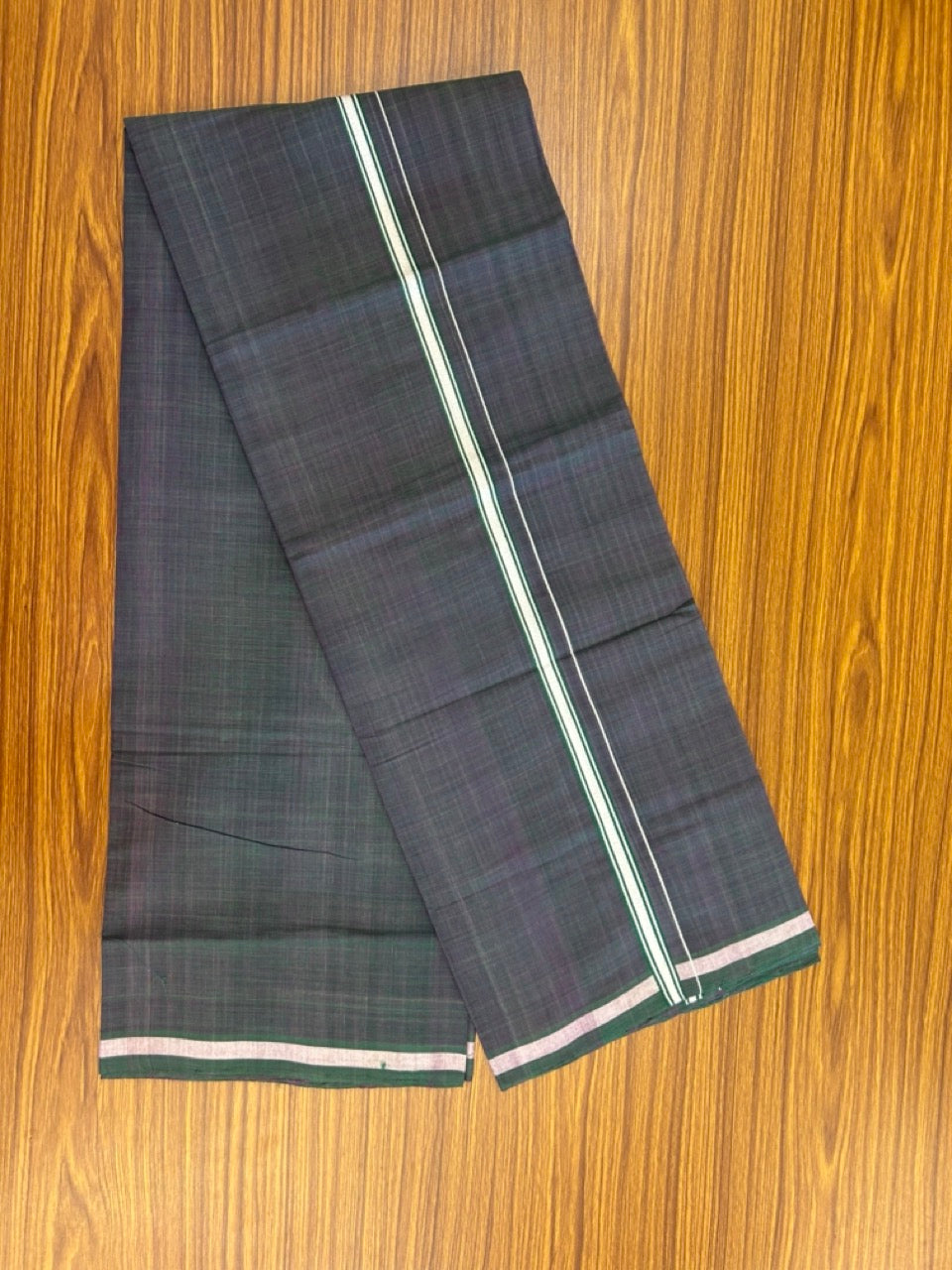 Handloom Single Hallmarked - 10% Discount !! KaithariKada 100% Pure Cotton - Mundu/Dhoti Purple Dark Green Body - 0.5 inch White Kara- (2 meter / 4 muzham) - 46 KK8032 ELA