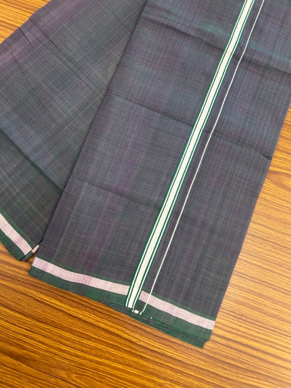 Handloom Single Hallmarked - 10% Discount !! KaithariKada 100% Pure Cotton - Mundu/Dhoti Purple Dark Green Body - 0.5 inch White Kara- (2 meter / 4 muzham) - 46 KK8032 ELA