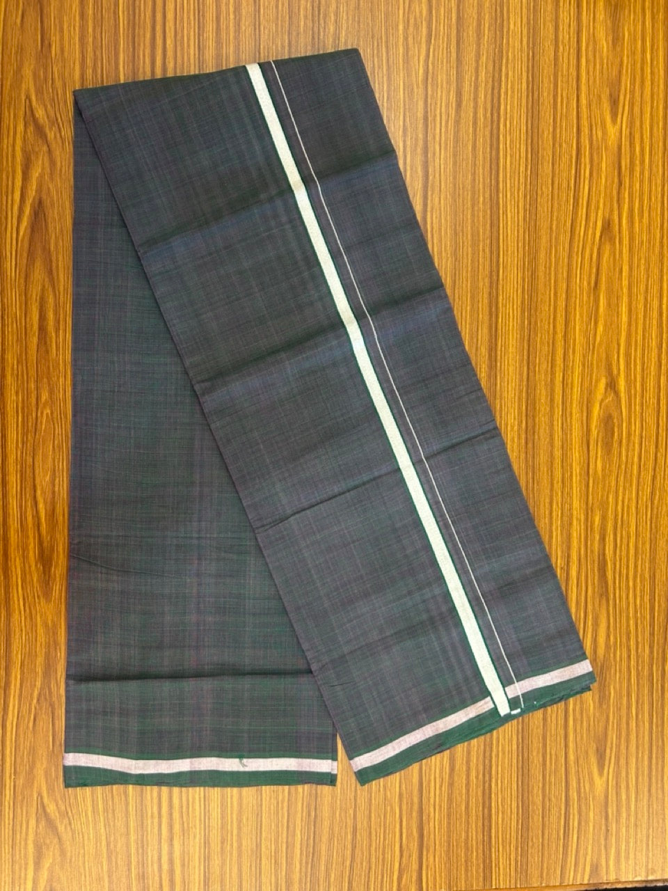Handloom Single Hallmarked - 10% Discount !! KaithariKada 100% Pure Cotton - Mundu/Dhoti Purple Dark Green Body - 0.5 inch White Kara- (2 meter / 4 muzham) - 45 KK8032 ELA