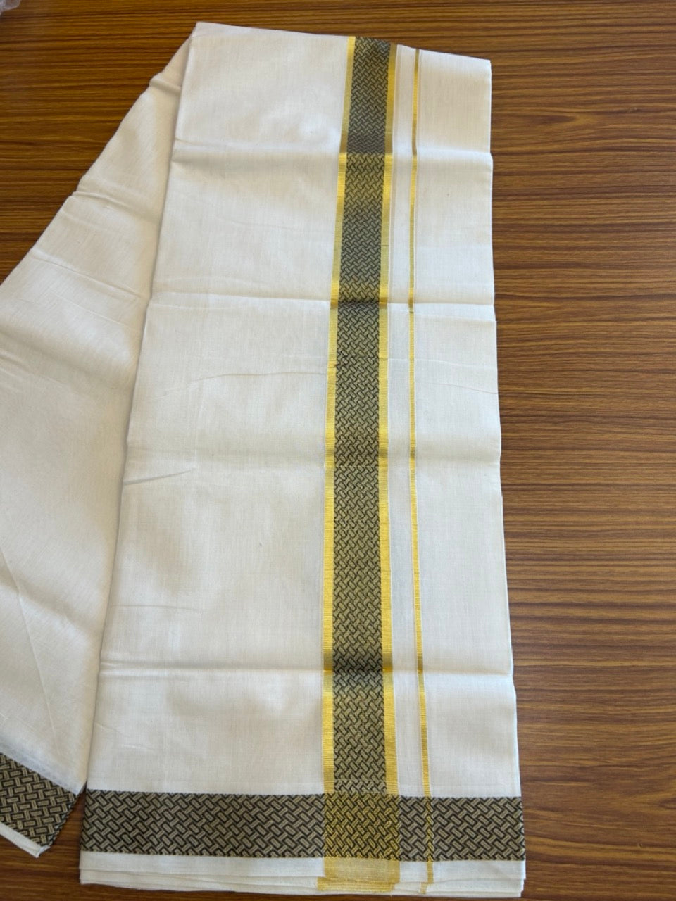 25% Discount!!! KaithariKada HANDLOOM UNAKKUPAAV Balaramapuram - 100% PURE Cotton off white (Unbleached) 100x100 - Double Mundu/Dhoti - 2.75 inch Kasavu & brown pattern kara - 9KK5096YAR