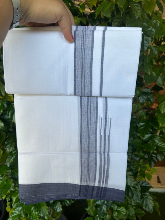 20% Discount!!! KaithariKada Balaramapuram  Double PURE WHITE Mundu/Dhoti - (80s) - 1.5 inch  puliyilakkara Navy Blue Shaded Striped chutty Kara - 3.86 mtr ( 8 muzham)- 7KK5239 GAN