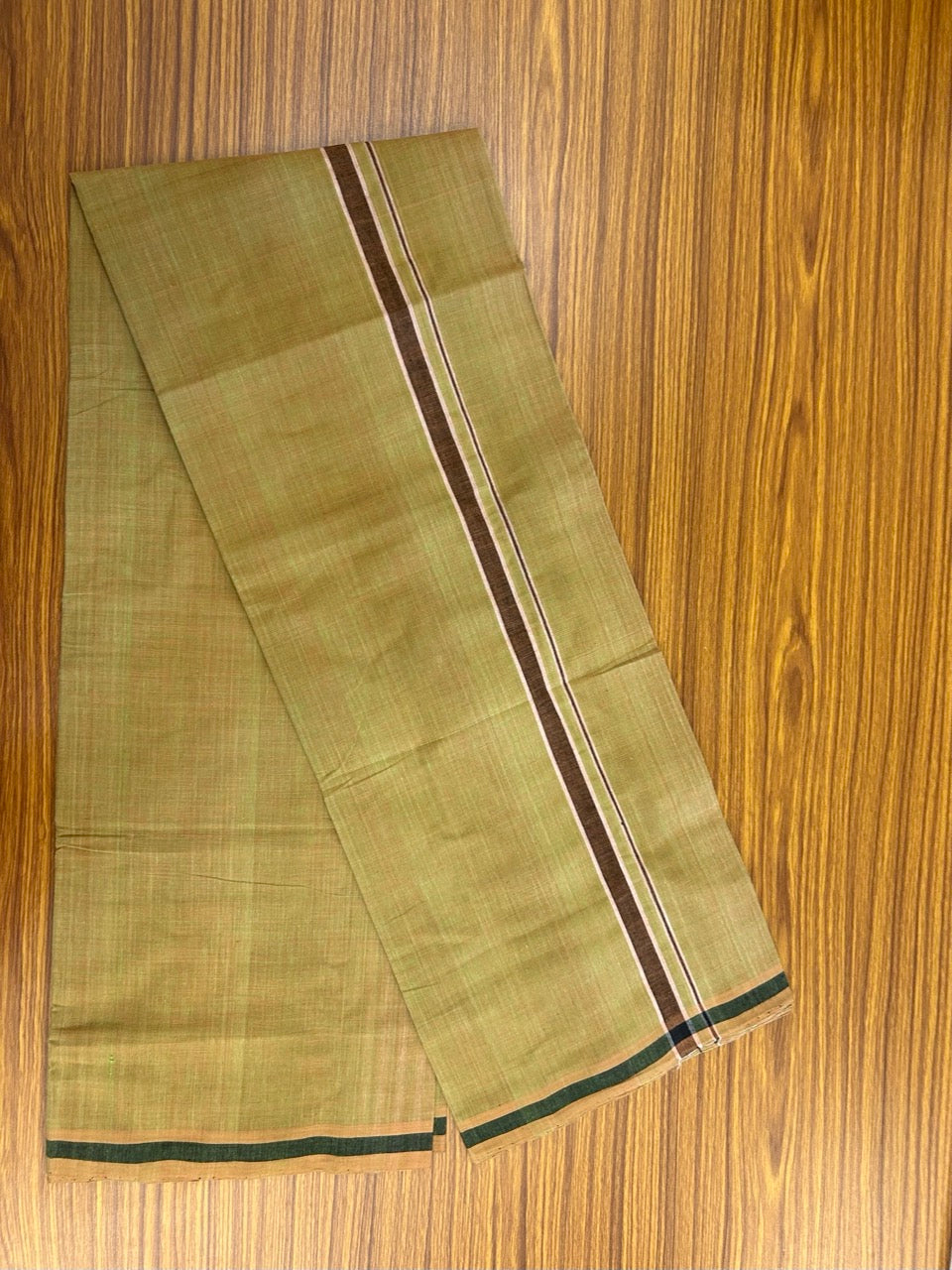 Handloom Single Hallmarked - 10% Discount !! KaithariKada 100% Pure Cotton - Mundu/Dhoti Yellow Green Body - 0.75 inch Maroon Stripes Kara- (2 meter / 4 muzham) - 48 KK8032 ELA