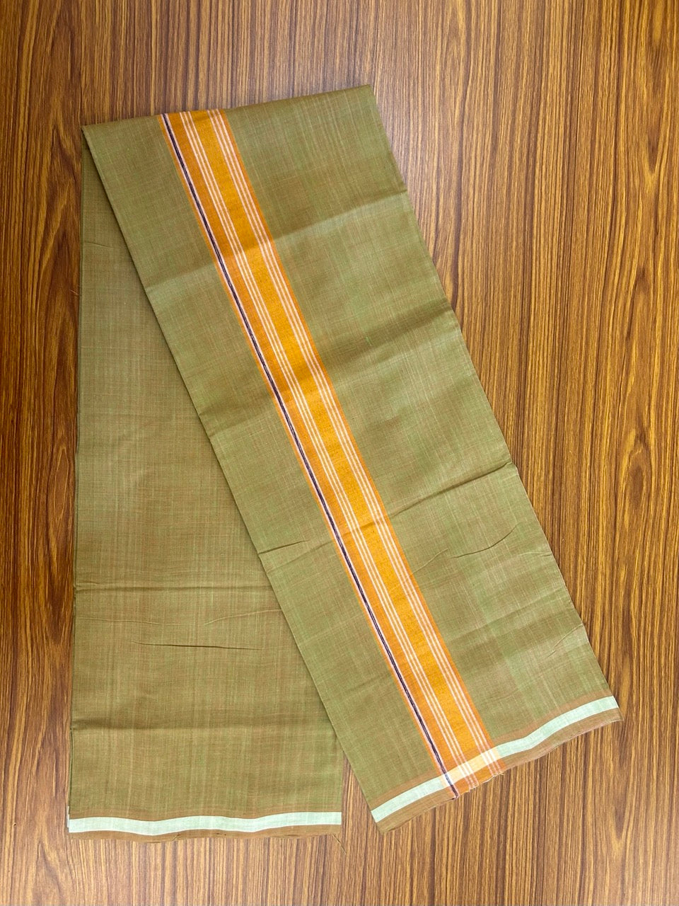 Handloom Single Hallmarked - 10% Discount !! KaithariKada 100% Pure Cotton - Mundu/Dhoti Yellow Green Body - 2 inch Orange & Violet Stripes Kara- (2 meter / 4 muzham) - 47 KK8032 ELA