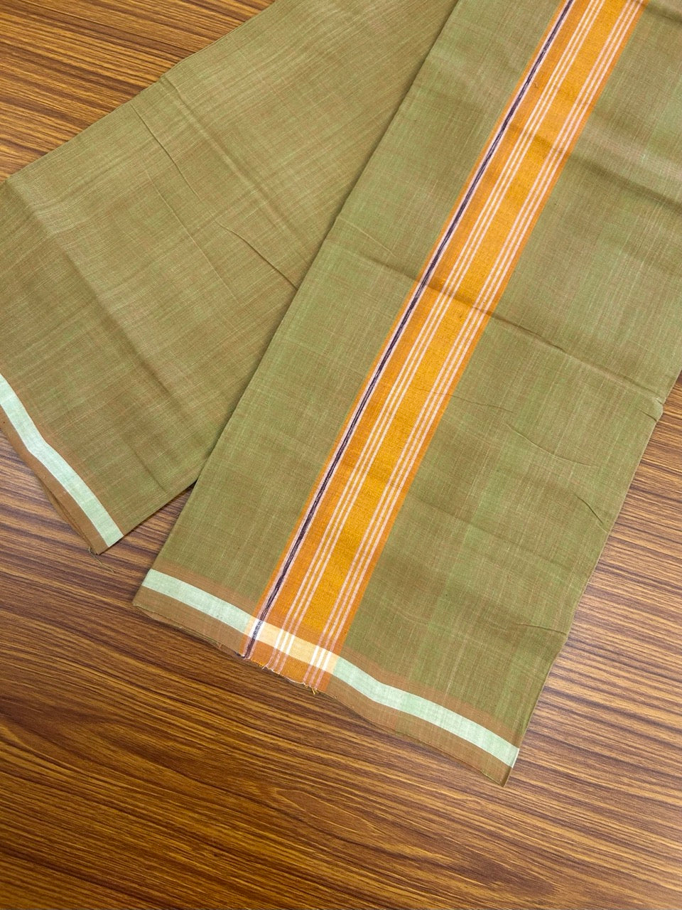 Handloom Single Hallmarked - 10% Discount !! KaithariKada 100% Pure Cotton - Mundu/Dhoti Yellow Green Body - 2 inch Orange & Violet Stripes Kara- (2 meter / 4 muzham) - 47 KK8032 ELA
