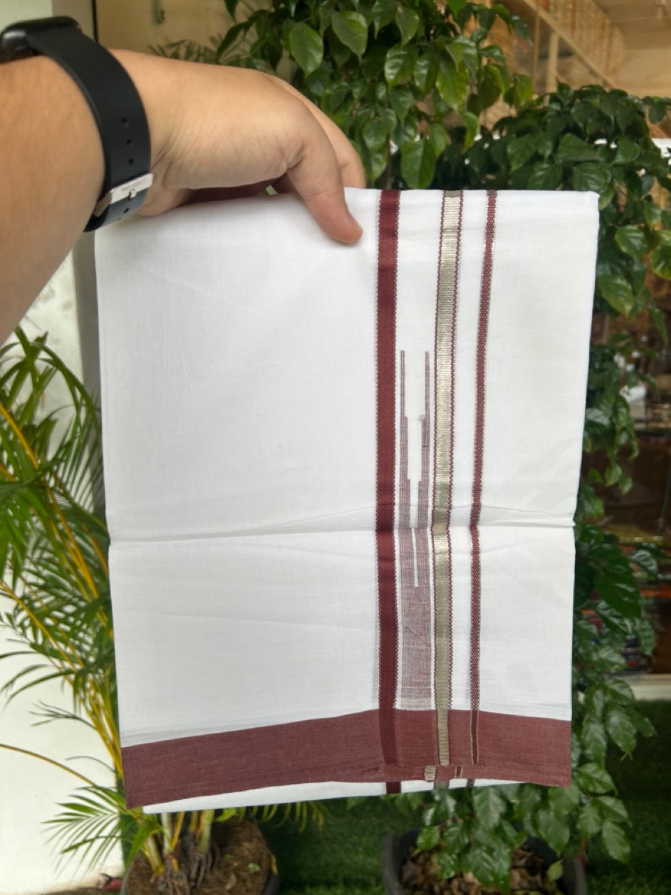 20% Discount ! Kaitharikada Balaramapuram 100% Cotton PURE WHITE Double Mundu/Dothi - 100x80 - 1.5 inch Silver Kasavu & Brownish Maroon Striped chutty kara - 33KK5183VIN