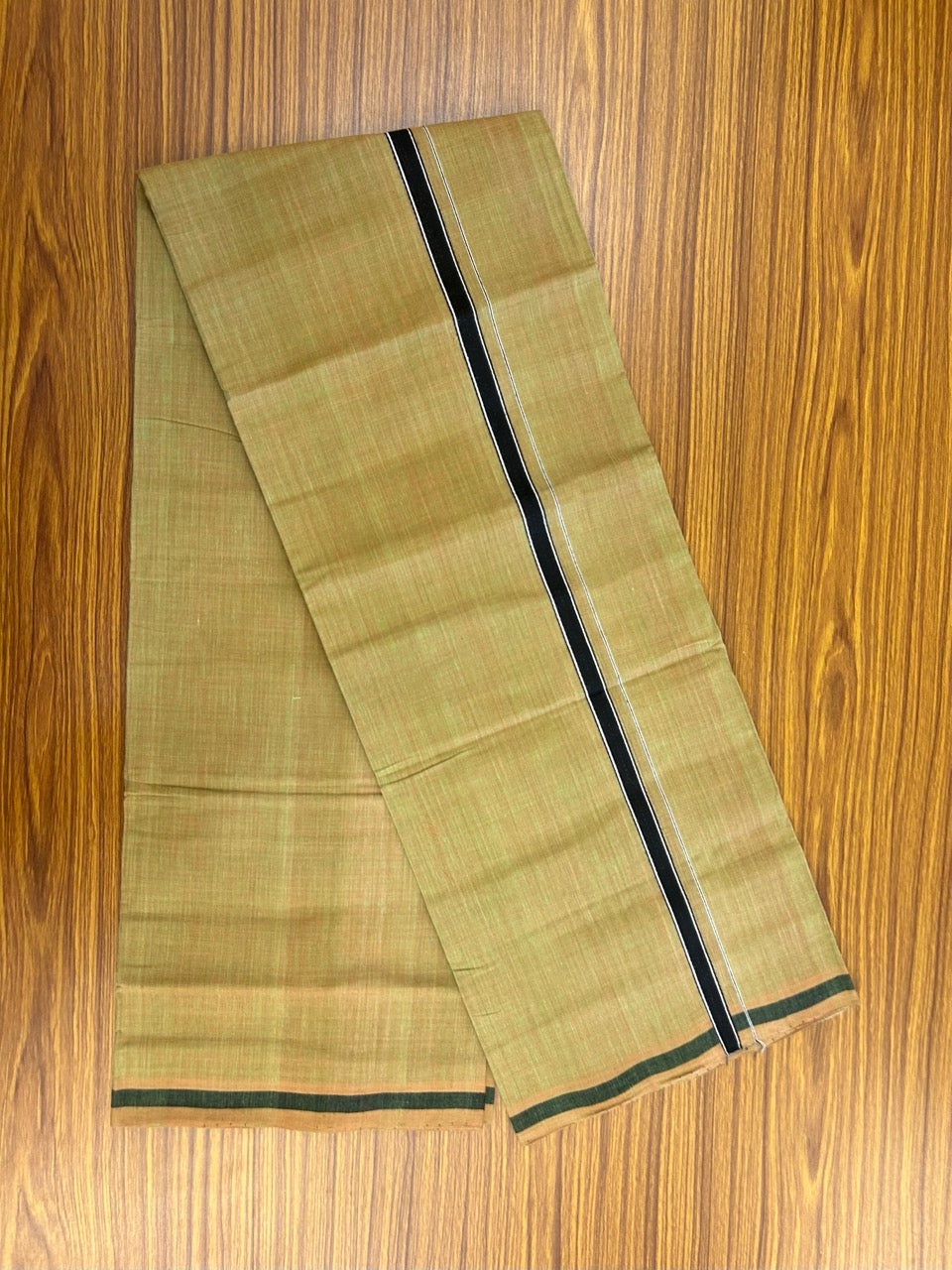 Handloom Single Hallmarked - 10% Discount !! KaithariKada 100% Pure Cotton - Mundu/Dhoti Yellow Green Body - 0.5 inch Black Stripes Kara- (2 meter / 4 muzham) - 49 KK8032 ELA