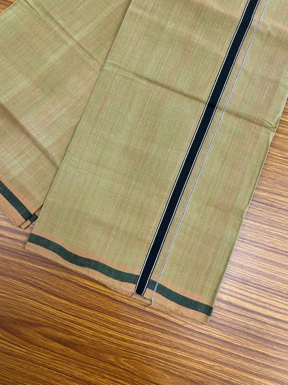 Handloom Single Hallmarked - 10% Discount !! KaithariKada 100% Pure Cotton - Mundu/Dhoti Yellow Green Body - 0.5 inch Black Stripes Kara- (2 meter / 4 muzham) - 49 KK8032 ELA