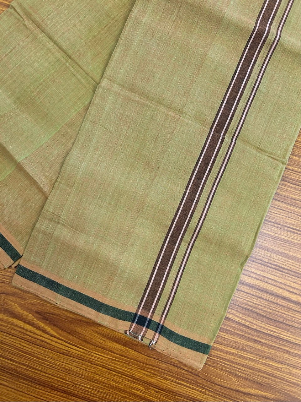 Handloom Single Hallmarked - 10% Discount !! KaithariKada 100% Pure Cotton - Mundu/Dhoti Yellow Green Body - 0.75 inch Marron Stripes Kara- (2 meter / 4 muzham) - 50 KK8032 ELA