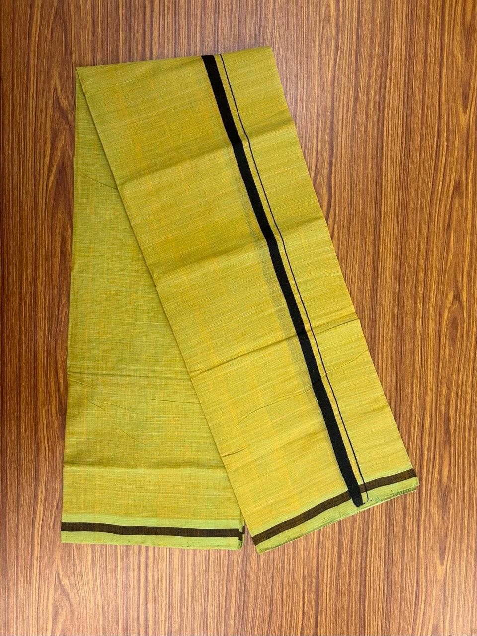 Handloom Single Hallmarked - 10% Discount !! KaithariKada 100% Pure Cotton - Mundu/Dhoti Yellow & Green Body - 0.5 inch Black Kara- (2 meter / 4 muzham)- 42 KK8032 ELA
