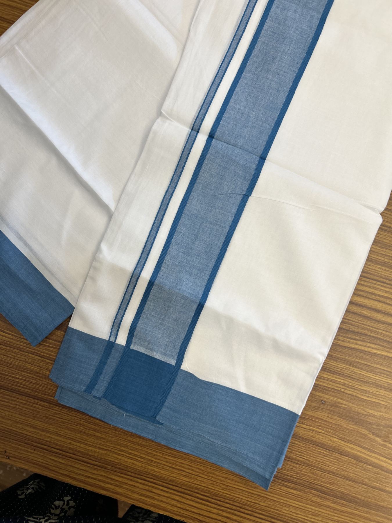 20% Discount! KaithariKada Balaramapuram 100% Cotton Double Pure white Mundu/Dhoti- 100X80 - 2.25 inch Blue kara - 4 mtr ( 8.5 muzham) - 1 KK5341 VIN