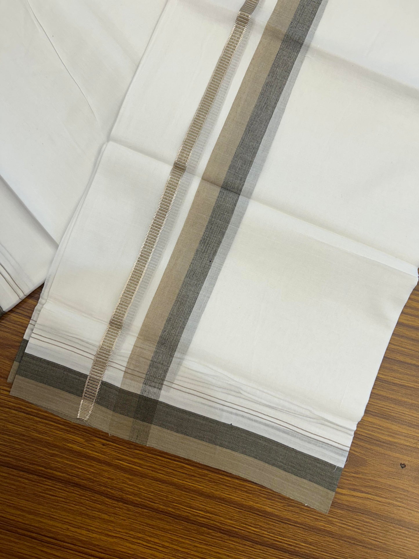 20% Discount ! KaithariKada Balaramapuram 100% Cotton Pure white Double Mundu/Dhoti - 100x80 - 1.25 inch Peanut Brown & Black Shaded Kara with Silver Kasav 4 M (8.5 muzham) - 75 KK5363 VIN