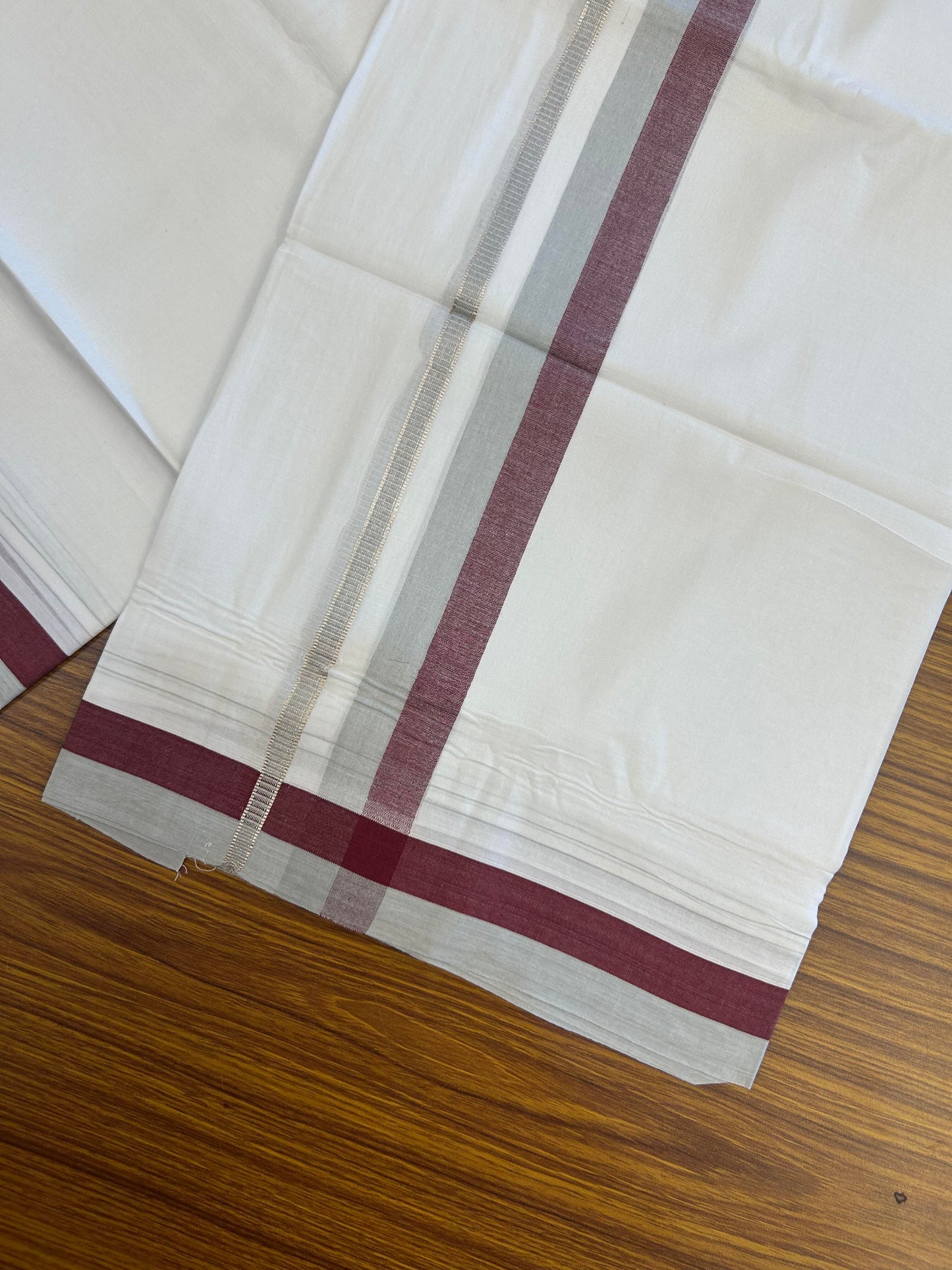 20% Discount ! KaithariKada Balaramapuram 100% Cotton Pure white Double Mundu/Dhoti - 100x80 - 1.25 inch Ash Grey & Maroon Shaded Kara with Silver Kasav 4 M (8.5 muzham) - 76 KK5363 VIN