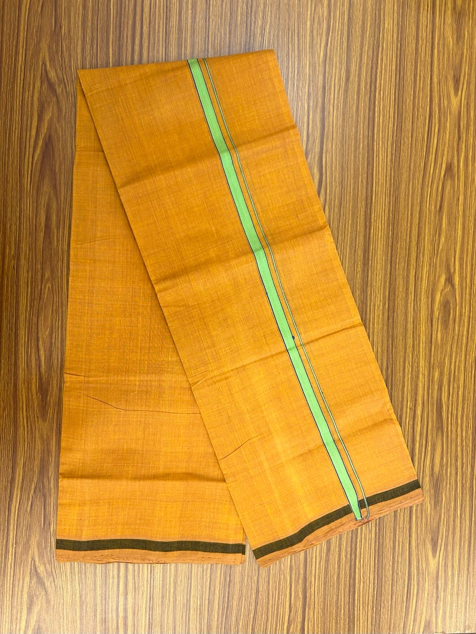 Handloom Single Hallmarked - 10% Discount !! KaithariKada 100% Pure Cotton - Mundu/Dhoti 0.5 inch Light Green & Blue Kara with Kavi colour Body - (2 meter / 4 muzham) - 24 KK8032 ELA