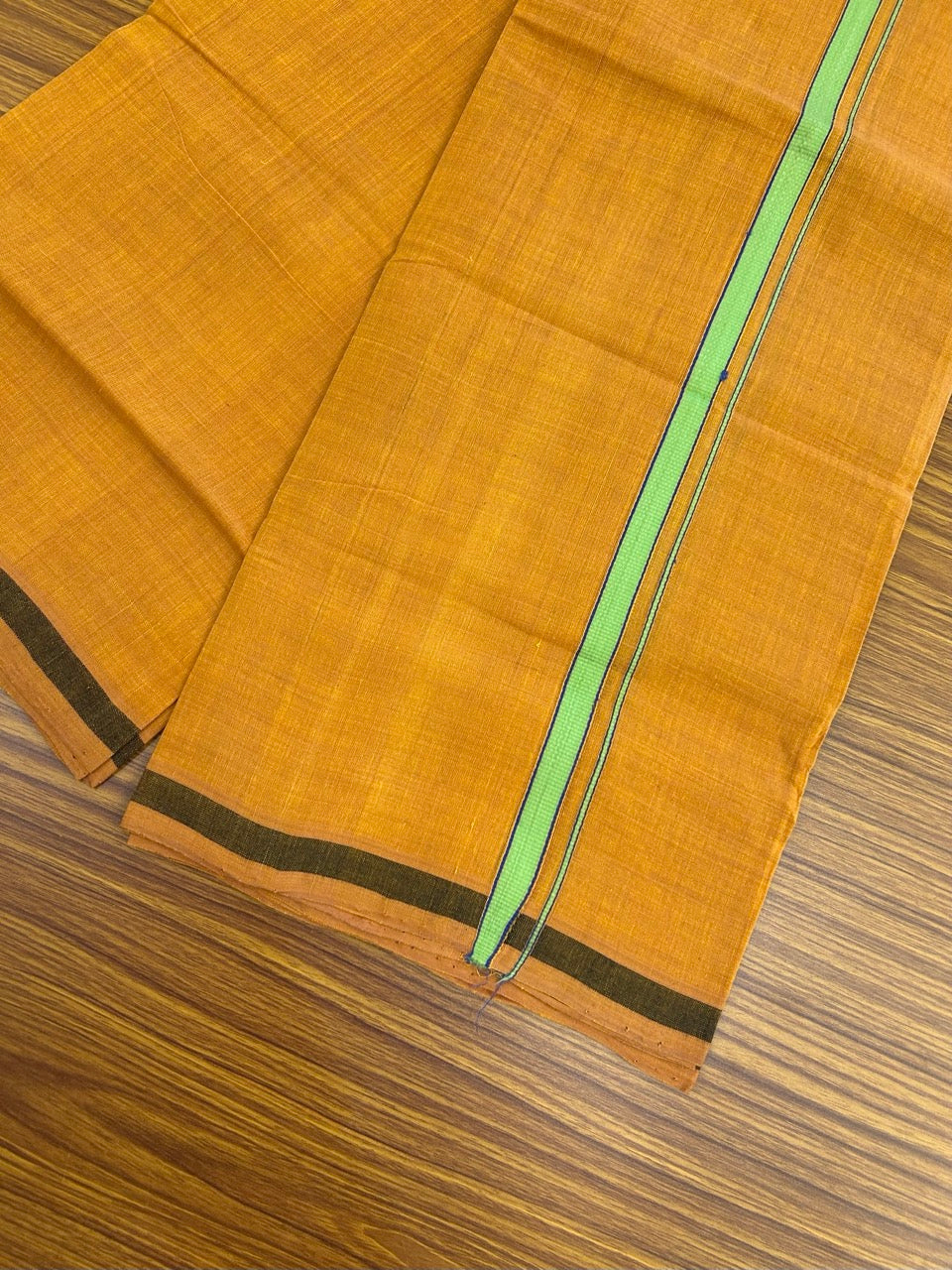 Handloom Single Hallmarked - 10% Discount !! KaithariKada 100% Pure Cotton - Mundu/Dhoti 0.5 inch Light Green & Blue Kara with Kavi colour Body - (2 meter / 4 muzham) - 24 KK8032 ELA