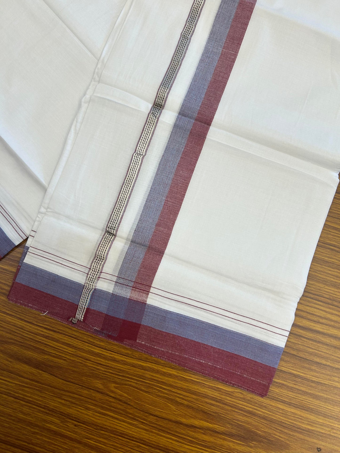 20% Discount ! KaithariKada Balaramapuram 100% Cotton Pure white Double Mundu/Dhoti - 100x80 - 1.25 inch Blue & Light Maroon Shaded Kara with Silver Kasav 4 M (8.5 muzham) - 79 KK5363 VIN