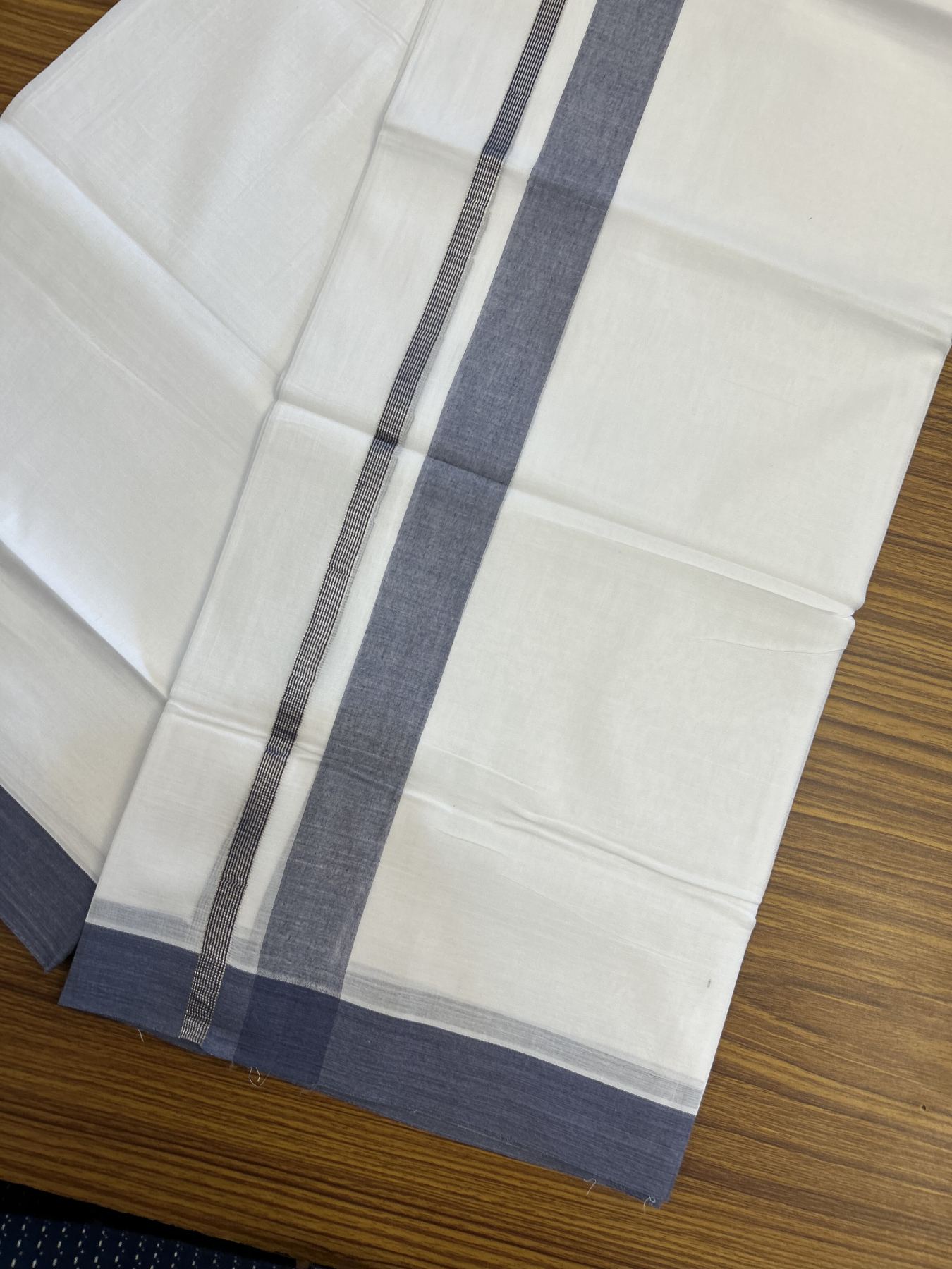 20% Discount! KaithariKada Balaramapuram 100% Cotton Double Pure white Mundu/Dhoti - 100X80 - 1.25 inch Silver Kasav Dark Pastel Blue shaded kara - 4 mtr ( 8.5 muzham) - 54 KK5341 VIN