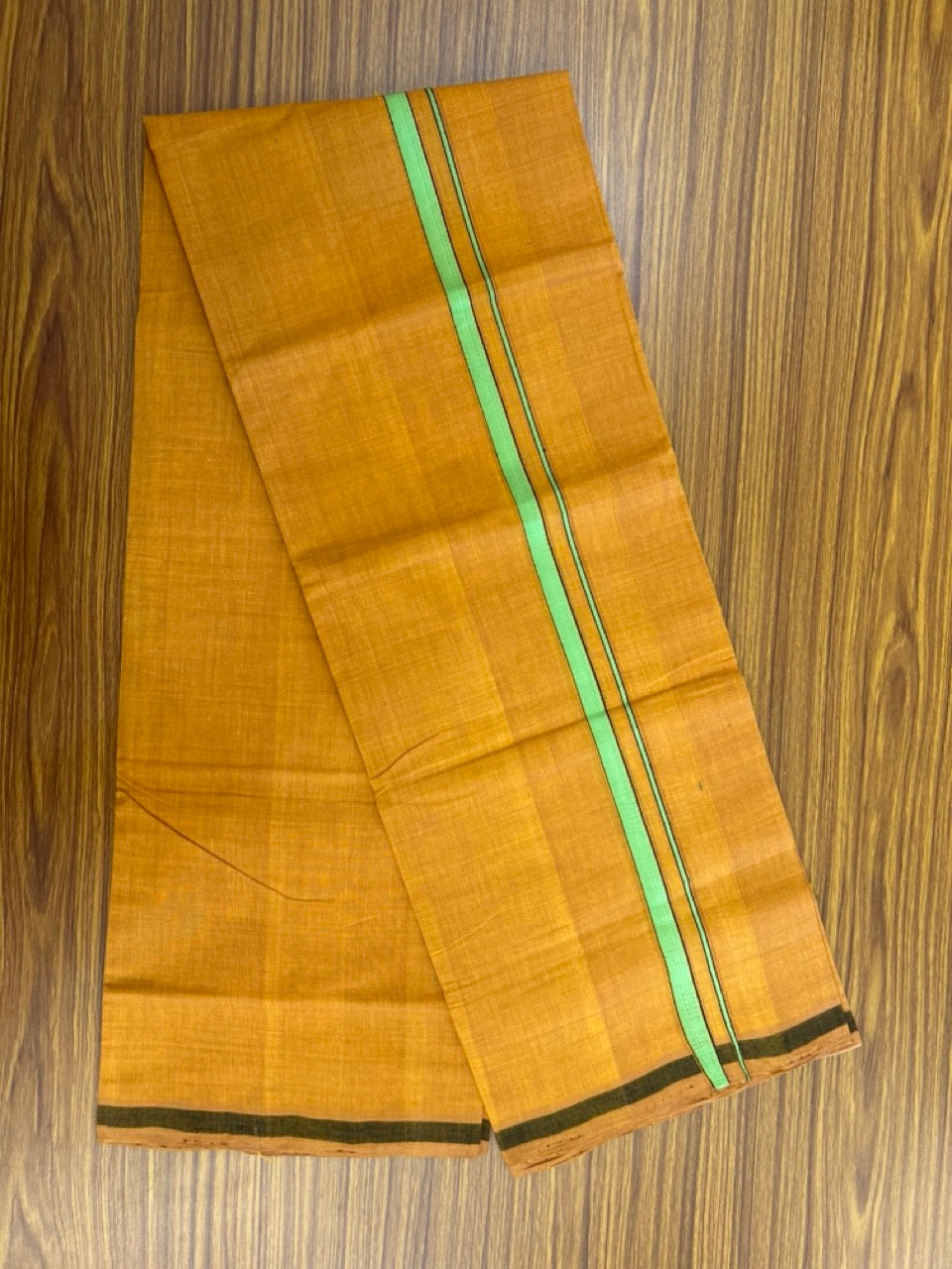 Handloom Single Hallmarked - 10% Discount !! KaithariKada 100% Pure Cotton - Mundu/Dhoti 0.5 inch Light Green & Black Kara with Kavi colour Body - (2 meter / 4 muzham) - 25 KK8032 ELA
