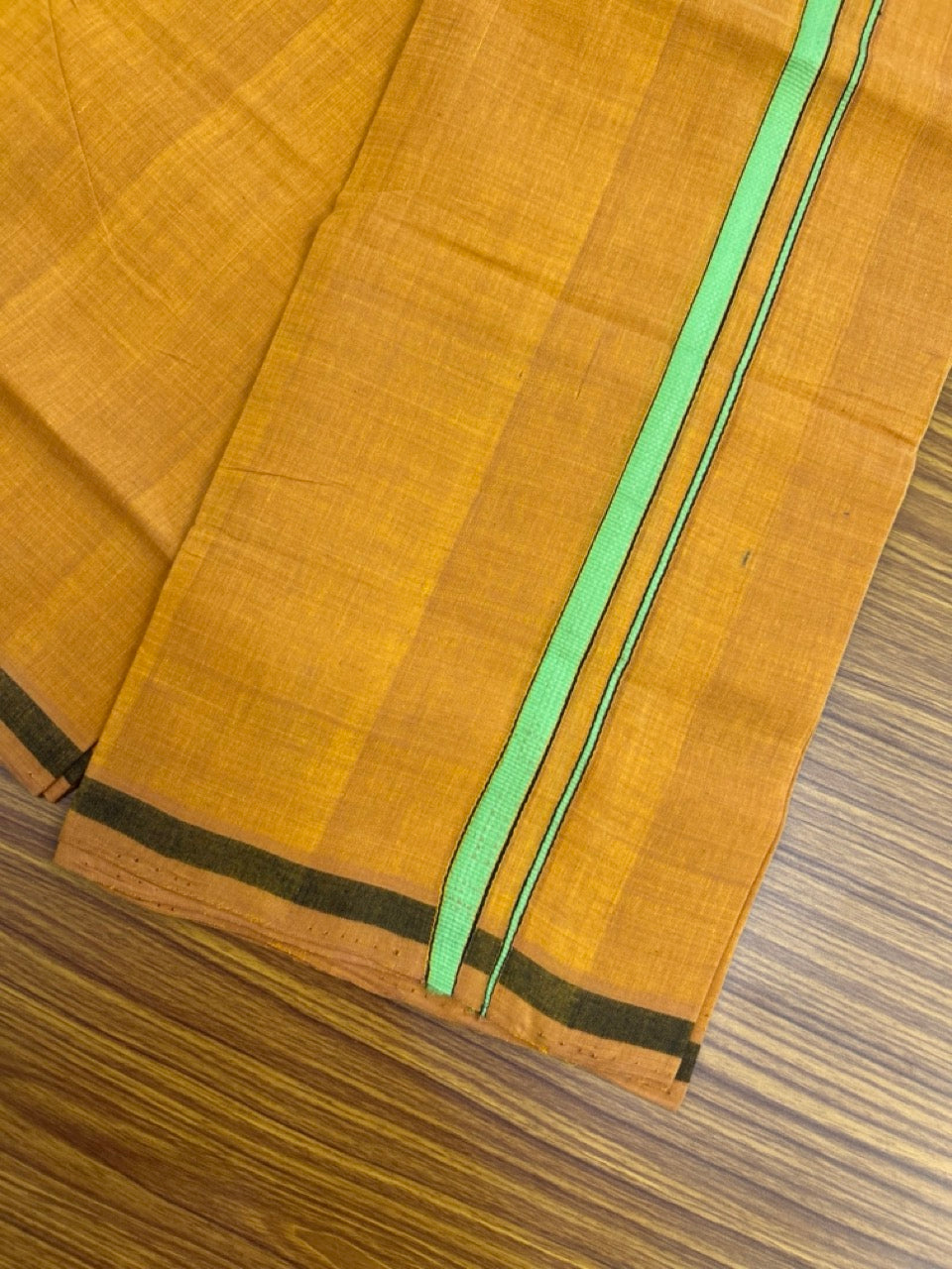 Handloom Single Hallmarked - 10% Discount !! KaithariKada 100% Pure Cotton - Mundu/Dhoti 0.5 inch Light Green & Black Kara with Kavi colour Body - (2 meter / 4 muzham) - 25 KK8032 ELA
