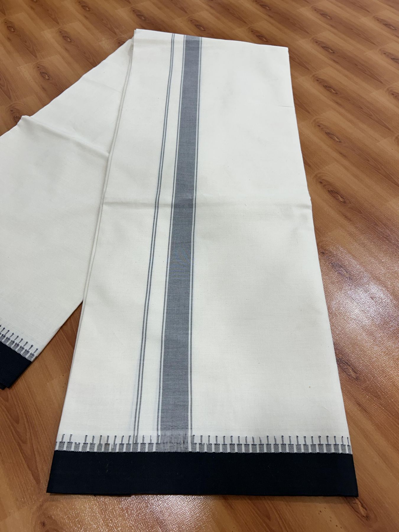 Premium Kathar Type Pure Cotton Single Mundu Kaitharikada Special - Kaily / Lungi - 2/40s Twisted Warp x 20s Weft - 1.25 inch Ash Black Striped kara Off White Body Kuppadam Border (2 meter / 4 muzham) - 1 KK8064 MR