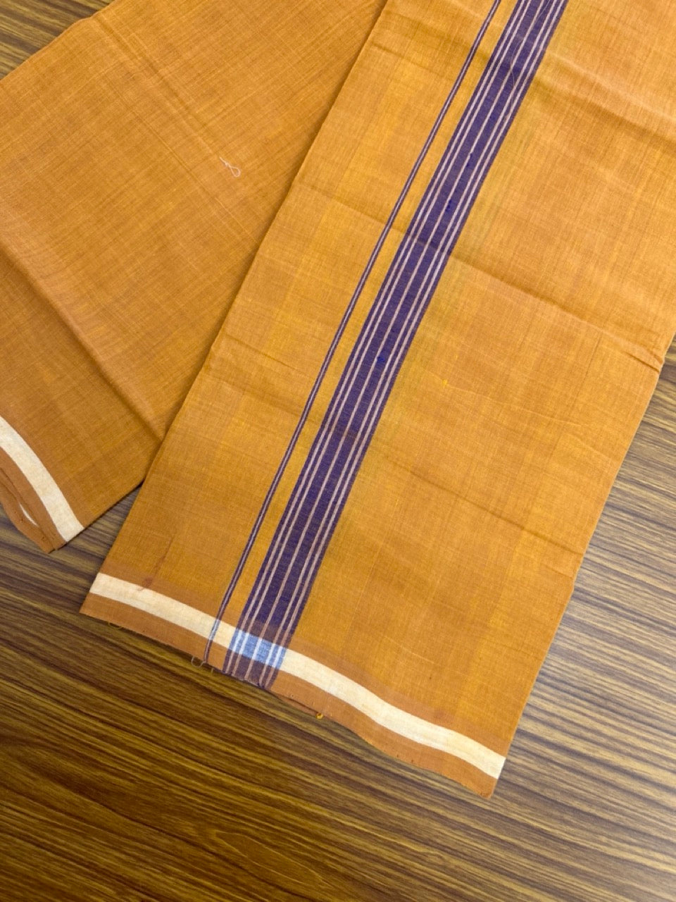 Handloom Single Hallmarked - 10% Discount !! KaithariKada 100% Pure Cotton - Mundu/Dhoti 1 inch Violet striped Kara with Kavi colour Body - (2 meter / 4 muzham) - 35 KK8032 ELA