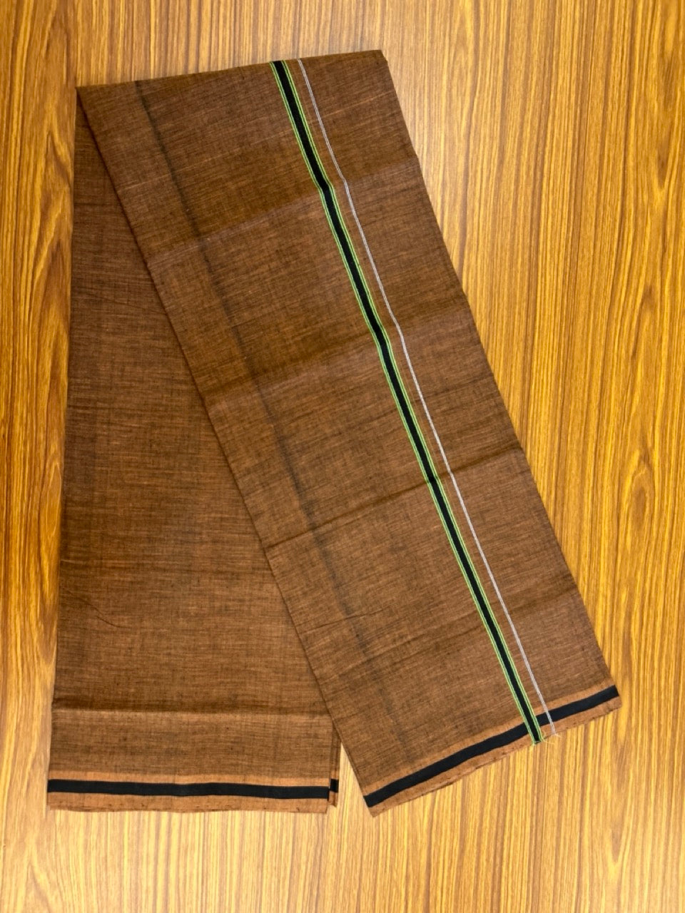 10% Discount !! KaithariKada 100% Pure Cotton - HANDLOOM Single Mundu/Dhoti Dark Brown Shaded Colour Body & Green 0.5 inch Kara- (2 meter / 4 muzham)- 10 KK8032 ELA
