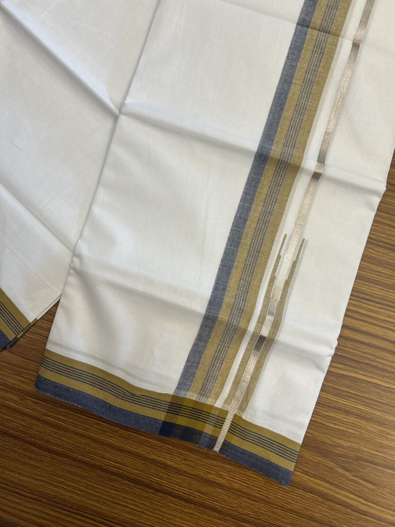 20% Discount! KaithariKada Balaramapuram 100% Cotton Double Pure white Mundu/Dhoti- 100X80 - 1.5 inch Puliyilakkara Silver Kasav Mustard Yellow & Blue Chutty Kara - 4 mtr ( 8.5 muzham) - 26 KK5341 VIN