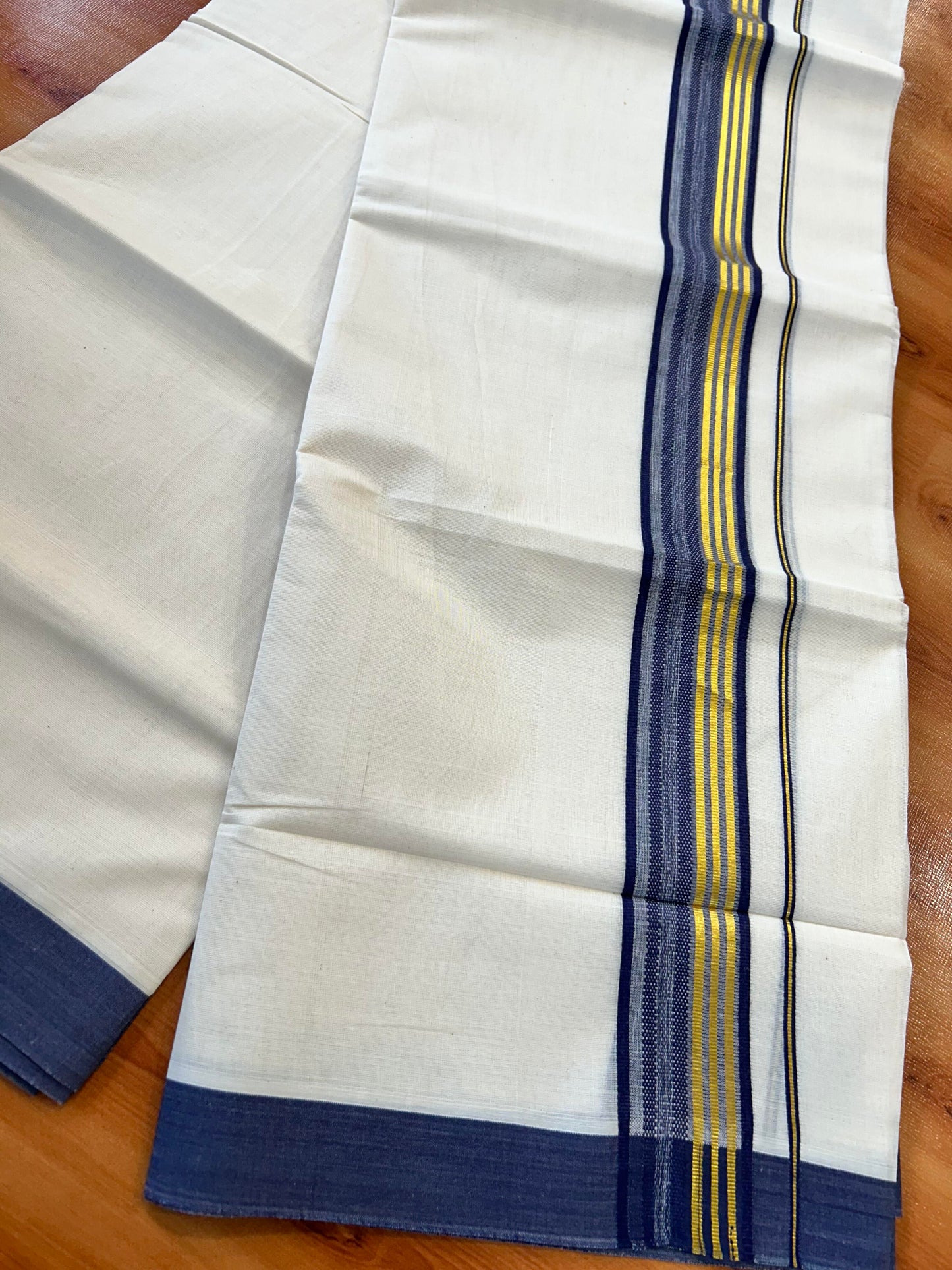 Double Off White (Unbleached) Mundu/Dothi- 20% Discount! Kaitharikada 100% Pure Cotton - 100x80 - 1.5 inch Gold Kasav & Navy Blue Shaded Design Striped Kara 4 mtr (8.5 muzham) - 96 KK5452 THI