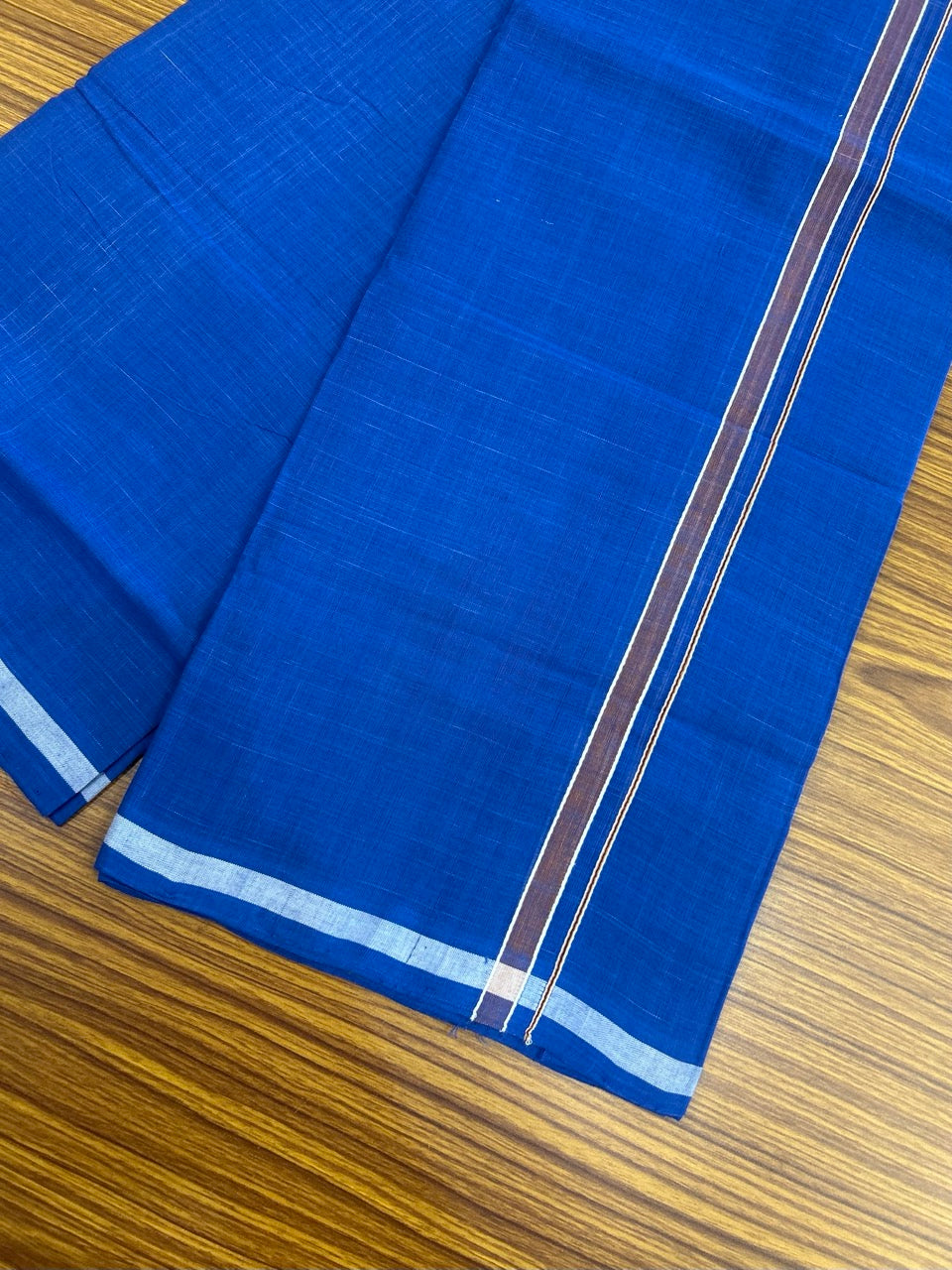10% Discount !! KaithariKada 100% Pure Cotton - Handloom Single Mund/Dhoti Blue Colour Body & Brown Shaded 0.5 inch Kara- (2 meter / 4 muzham)- 14 KK8032 ELA