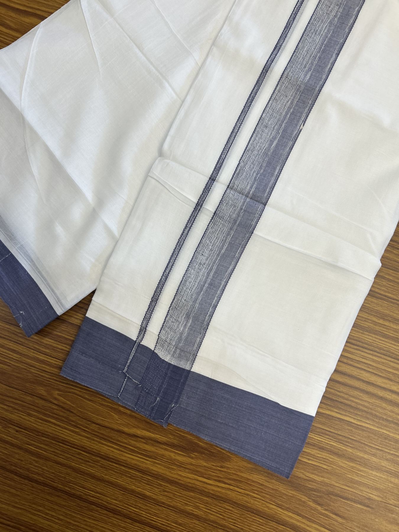 20% Discount! KaithariKada Balaramapuram 100% Cotton Double Pure white Mundu/Dhoti- 100X80 - 1.5 inch Navy Blue Shaded Kara - 4 mtr ( 8.5 muzham) - 33 KK5341 VIN