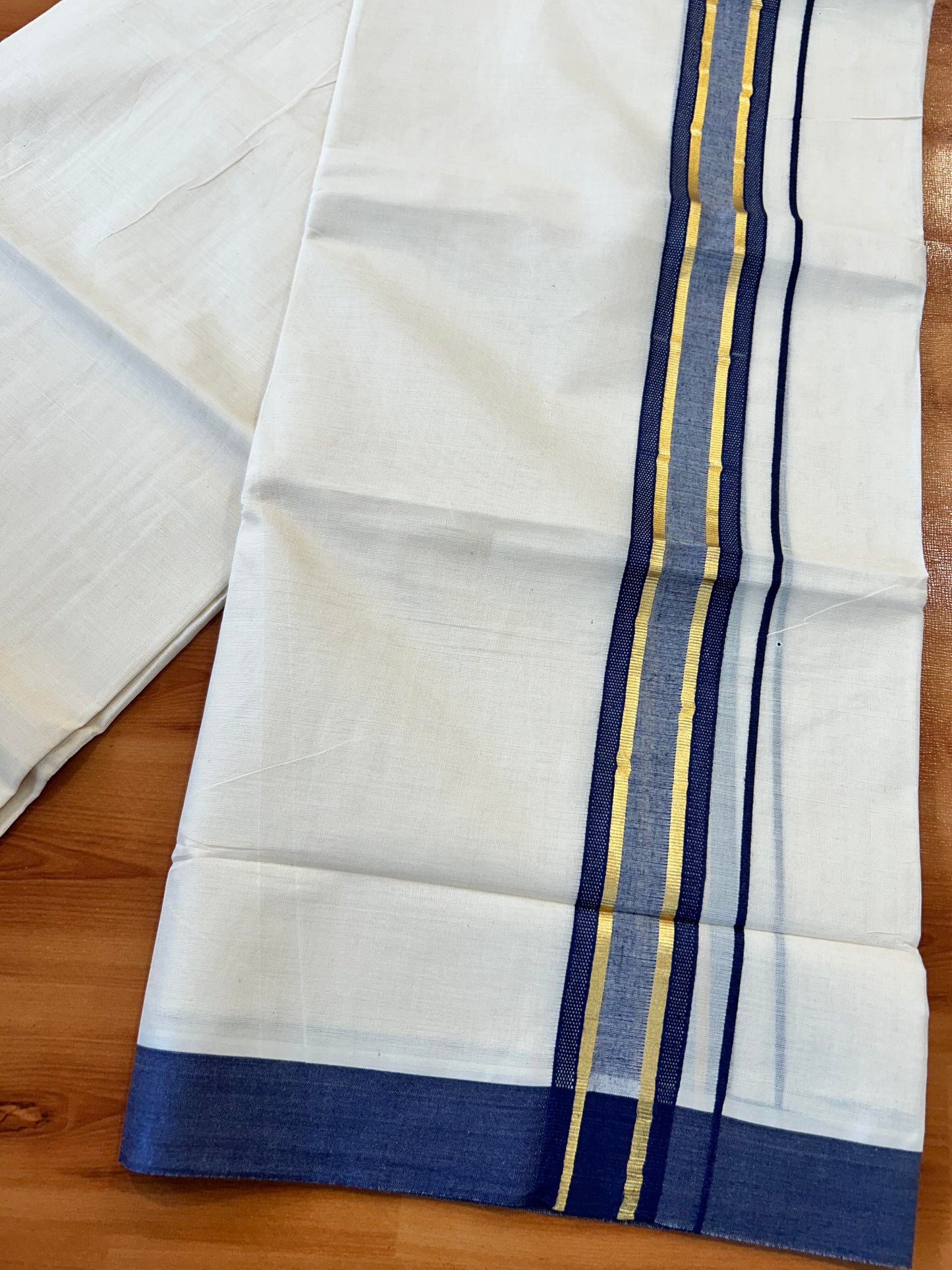 Double Off White (Unbleached) Mundu/Dothi- 20% Discount! Kaitharikada 100% Pure Cotton - 100x80 - 1.5 inch Gold Kasav & Navy Blue Shaded Design Kara 4 mtr (8.5 muzham) - 95 KK5452 THI