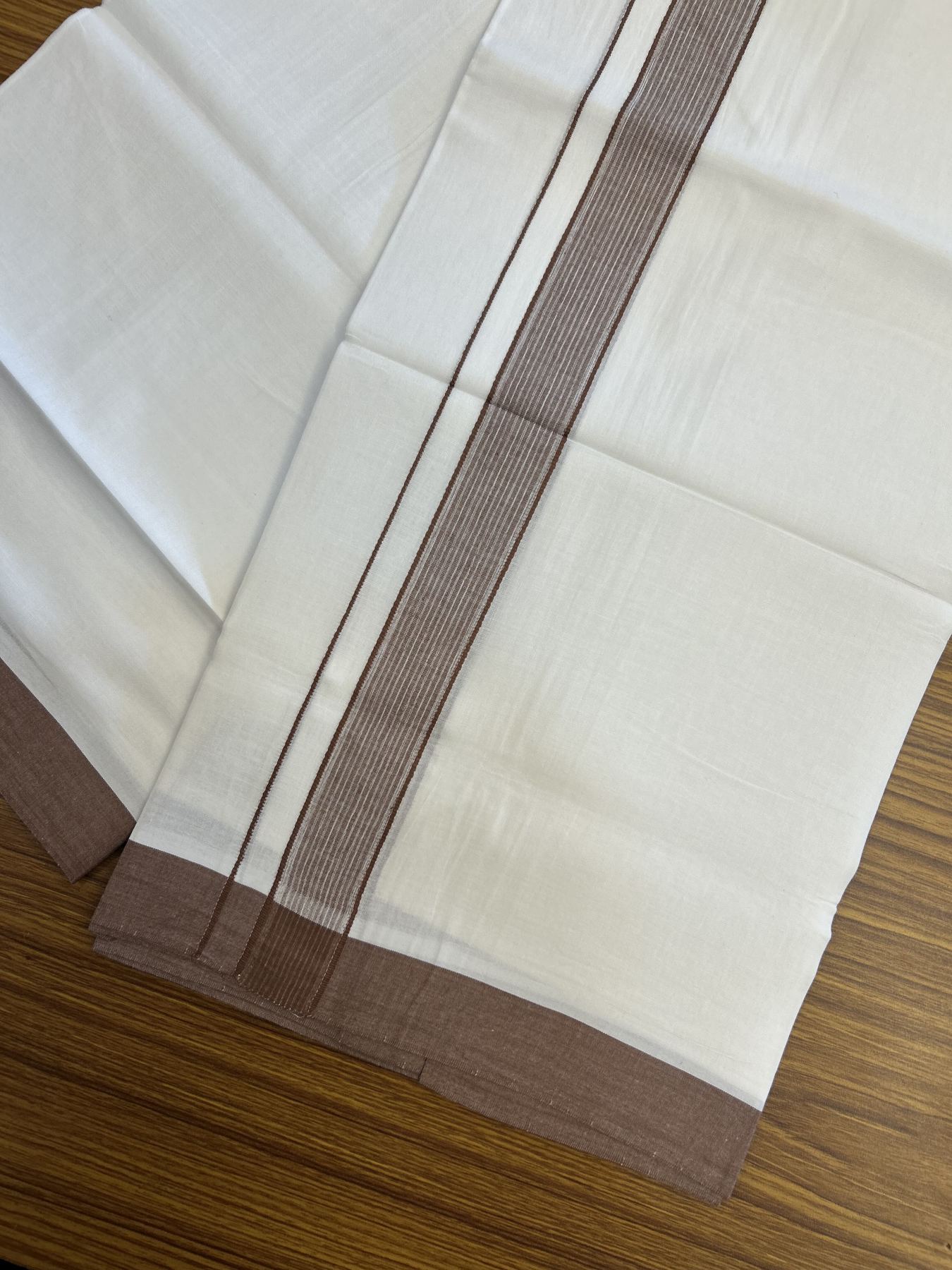 20% Discount! KaithariKada Balaramapuram 100% Cotton Double Pure white Mundu/Dhoti- 100X80 - 1.25 inch Dark Brown Striped Kara - 4 mtr ( 8.5 muzham) - 34 KK5341 VIN