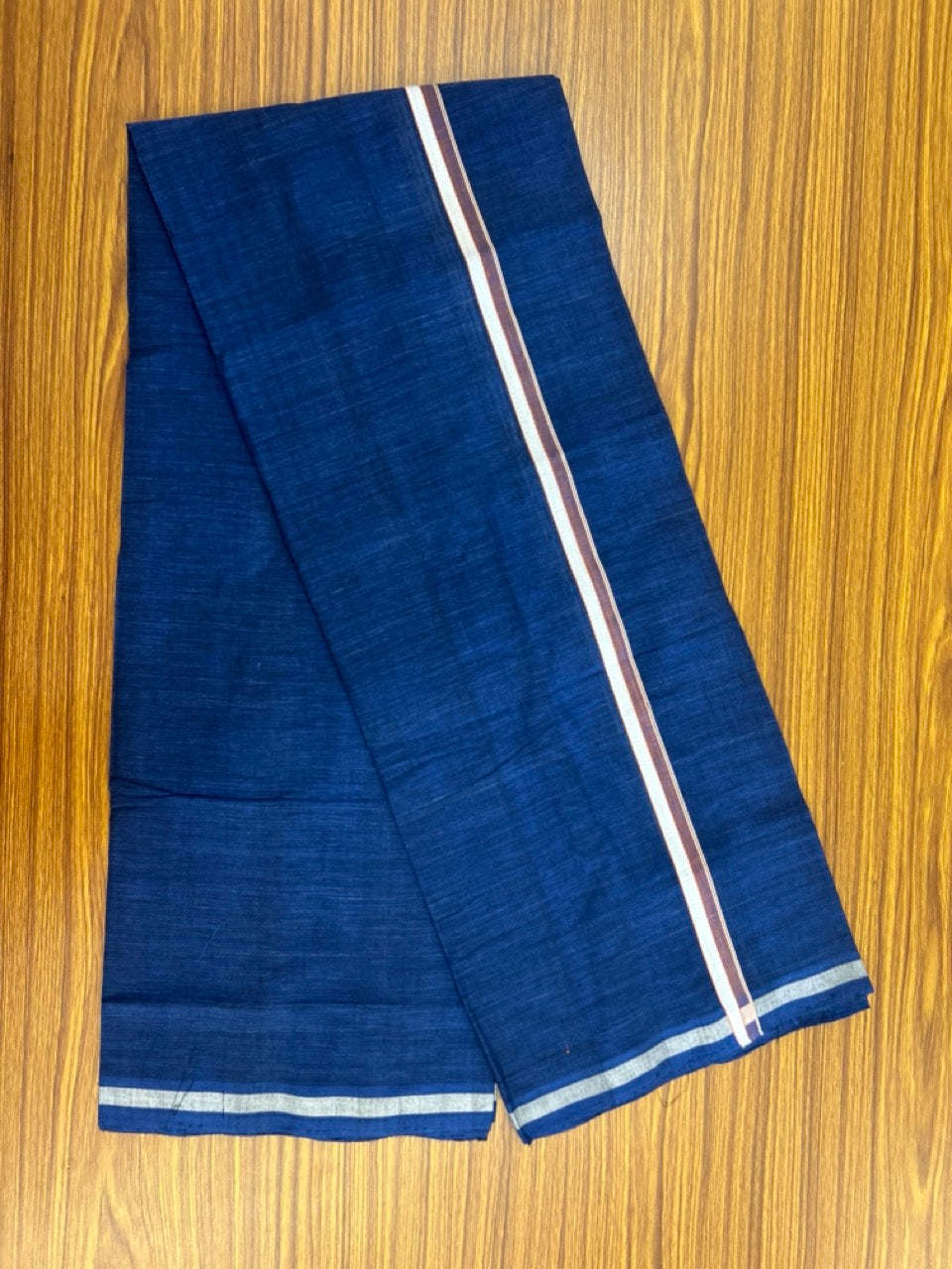 10% Discount !! KaithariKada 100% Pure Cotton - HANDLOOM Single Mundu/Dhoti Dark Blue Colour Body & Brick red White 0.75 inch Kara- (2 meter / 4 muzham)- 17 KK8032 ELA