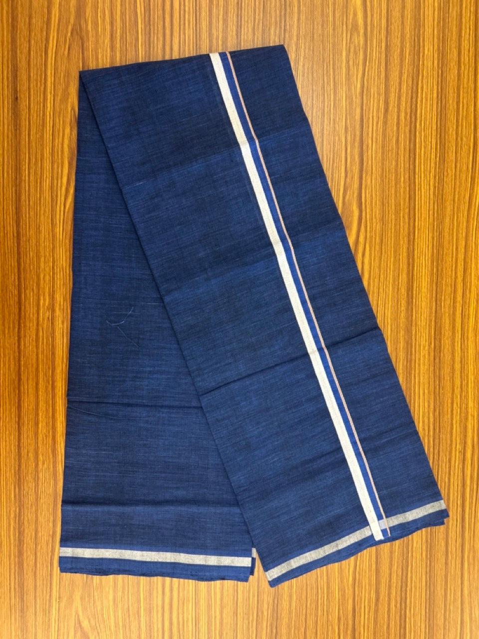 10% Discount !! KaithariKada 100% Pure Cotton - HANDLOOM Single Mundu/Dhoti Dark Blue Colour Body & Light Brown White 0.75 inch Kara- (2 meter / 4 muzham)- 18 KK8032 ELA