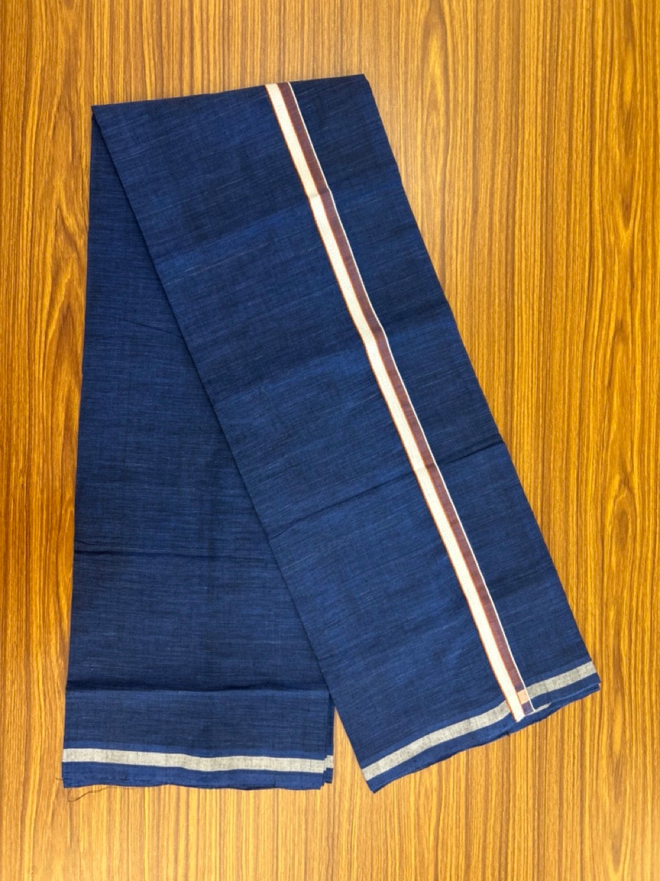 10% Discount !! KaithariKada 100% Pure Cotton - HANDLOOM Single Mundu/Dhoti Dark Blue Colour Body & Light Brown White 0.75 inch Kara- (2 meter / 4 muzham)- 19 KK8032 ELA