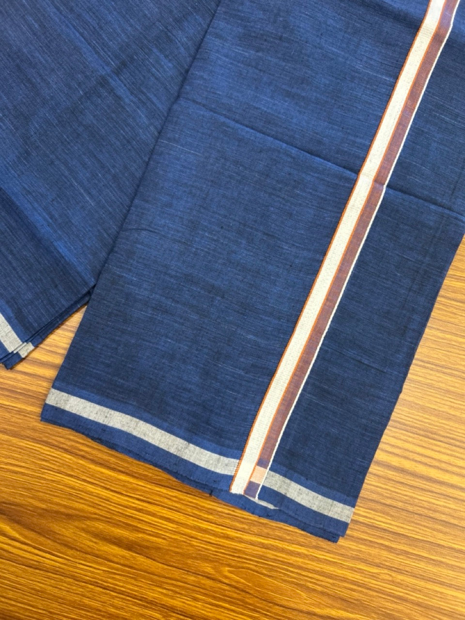 10% Discount !! KaithariKada 100% Pure Cotton - HANDLOOM Single Mundu/Dhoti Dark Blue Colour Body & Light Brown White 0.75 inch Kara- (2 meter / 4 muzham)- 19 KK8032 ELA
