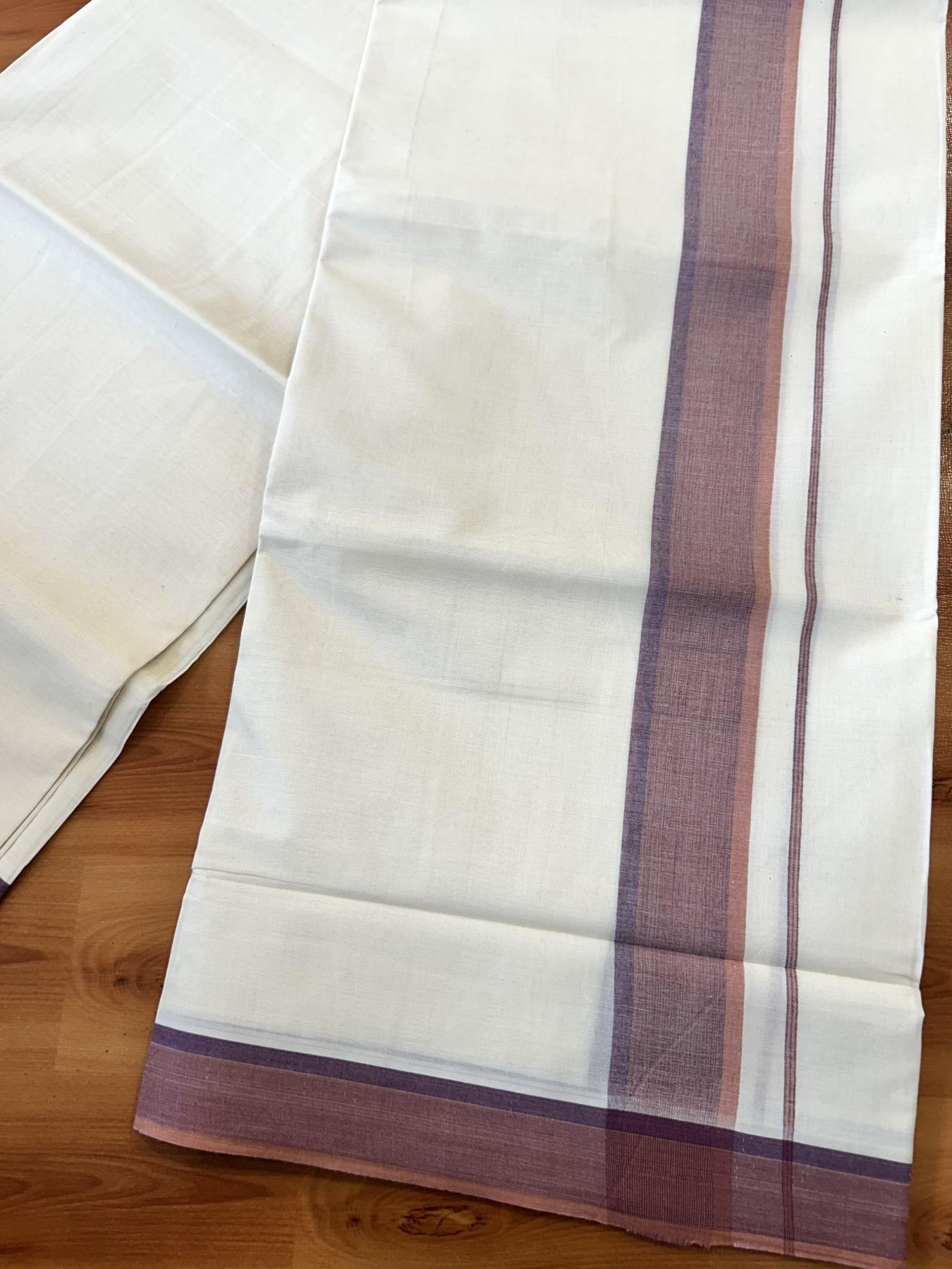 Double Off White (Unbleached) Mundu/Dhoti - 20% Discount! KaithariKada Pure Cotton - 100X80 - 1.5 inch Purple & Dark Peach Shaded Striped Kara 4 mtr (8.5 Muzham) - 77 KK5452 THI
