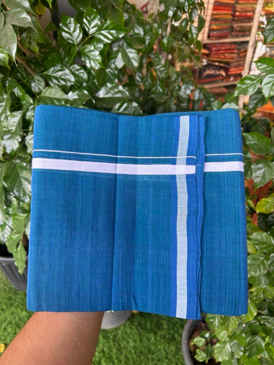 10% Discount !! KaithariKada 100% Pure Cotton - Handloom Single Mundu/Dhoti Peacock Blue Green Colour Body & White 0.5 inch Kara- (2 meter / 4 muzham)- 11 KK8032 ELA