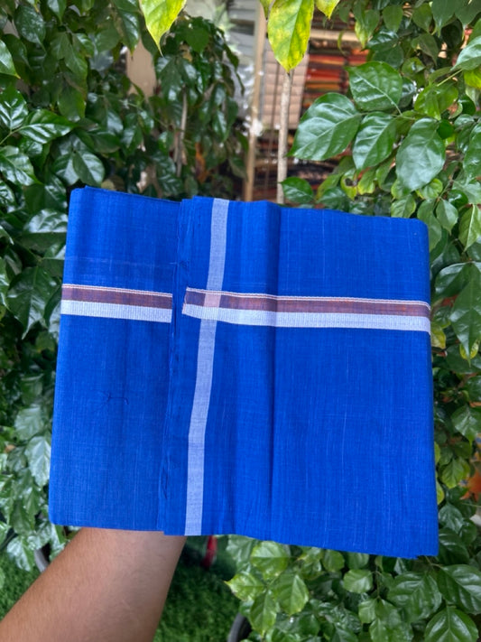 10% Discount !! KaithariKada 100% Pure Cotton - Handloom Single Mund/Dhoti Blue Colour Body & Light Brown White Shaded 0.5 inch Kara- (2 meter / 4 muzham)- 15 KK8032 ELA