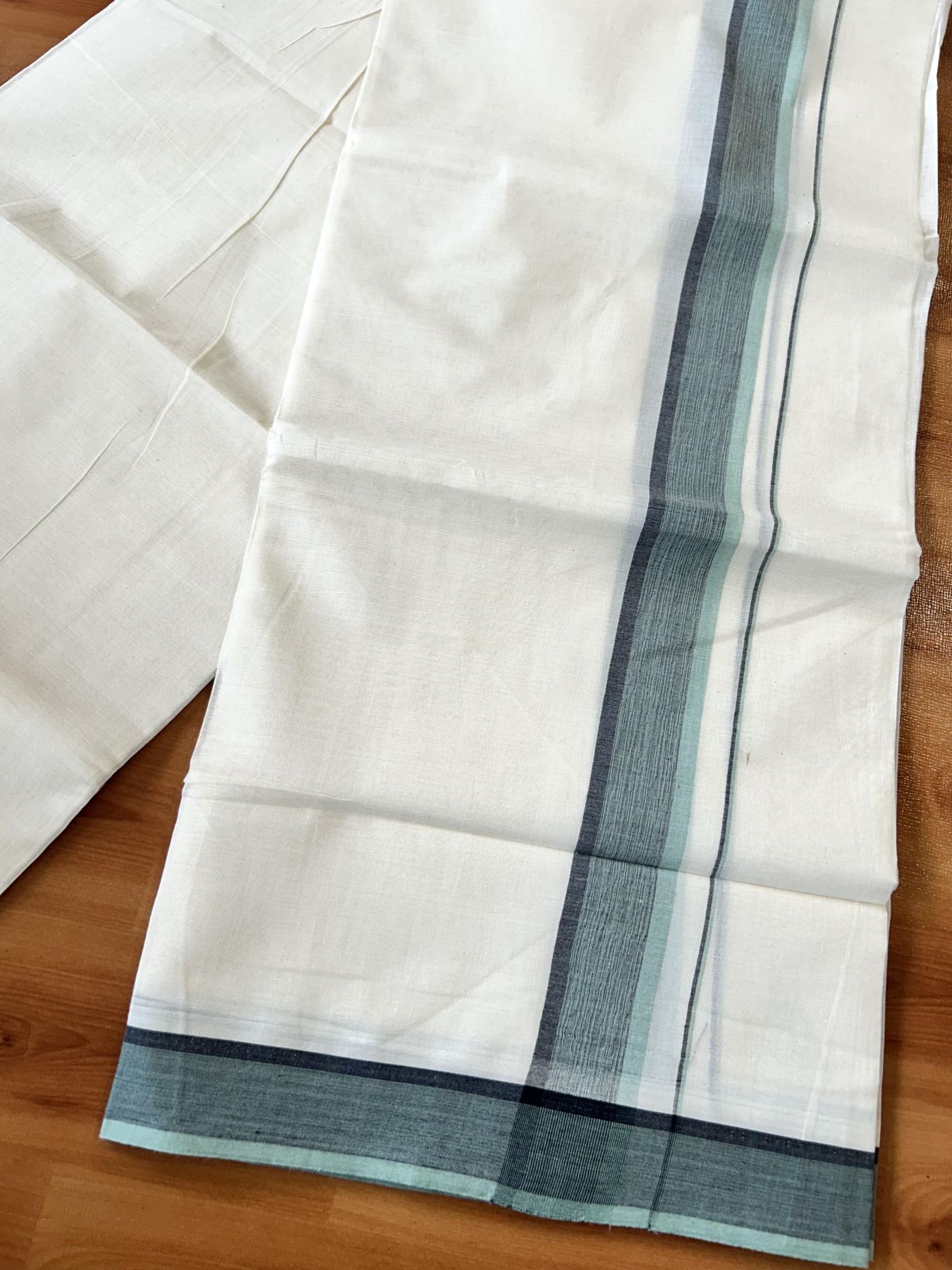 Double Off White (Unbleached) Mundu/Dhoti - 20% Discount! KaithariKada Pure Cotton - 100X80 - 1.5 inch Pista Green & Black Shaded Striped Kara 4 mtr (8.5 Muzham) - 73 KK5452 THI